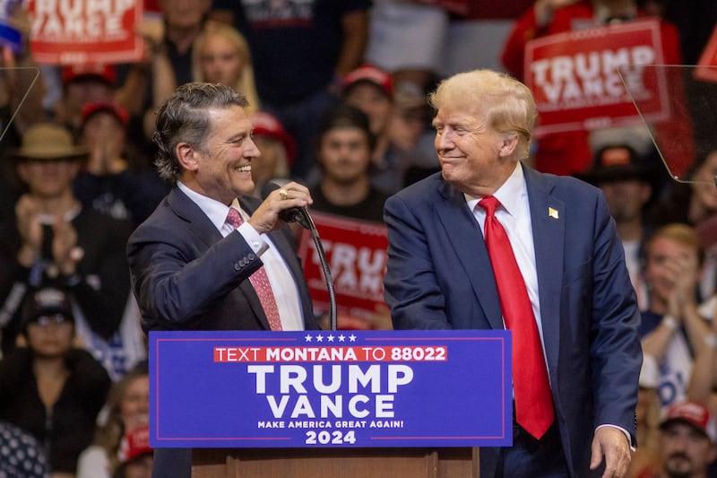 US Texas Representative and former White House physician. Ronny Jackson (L), joins former US President and Republican presidential candidate Donald Trump at a campaign rally in Bozeman, Montana, on August 9, 2024. (Photo by NATALIE BEHRING / AFP) (Photo by NATALIE BEHRING/AFP via Getty Images)