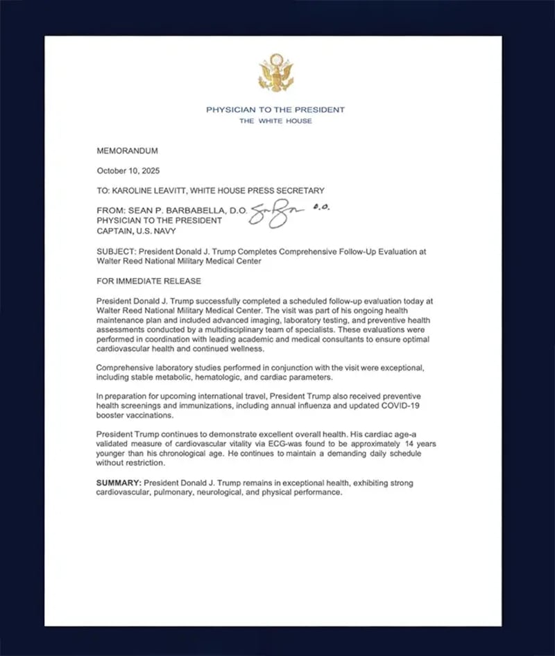 The White House released this memo after President Donald Trump visited Walter Reed Medical Center earlier this month.