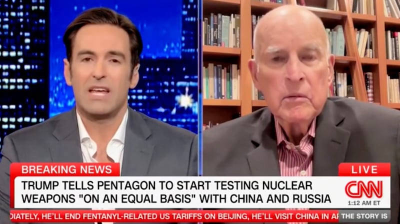 Ex CA Governor Jerry Brown discussing Trump's nuclear actions on CNN.