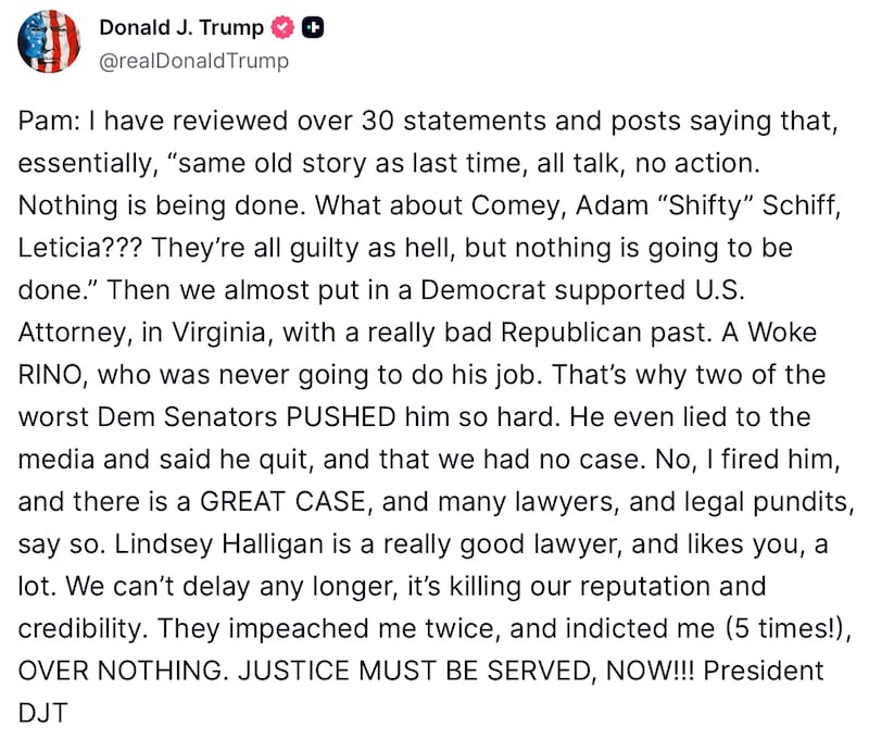 Donald Trump's private message to Pam Bondi he posted on Truth Social in September.