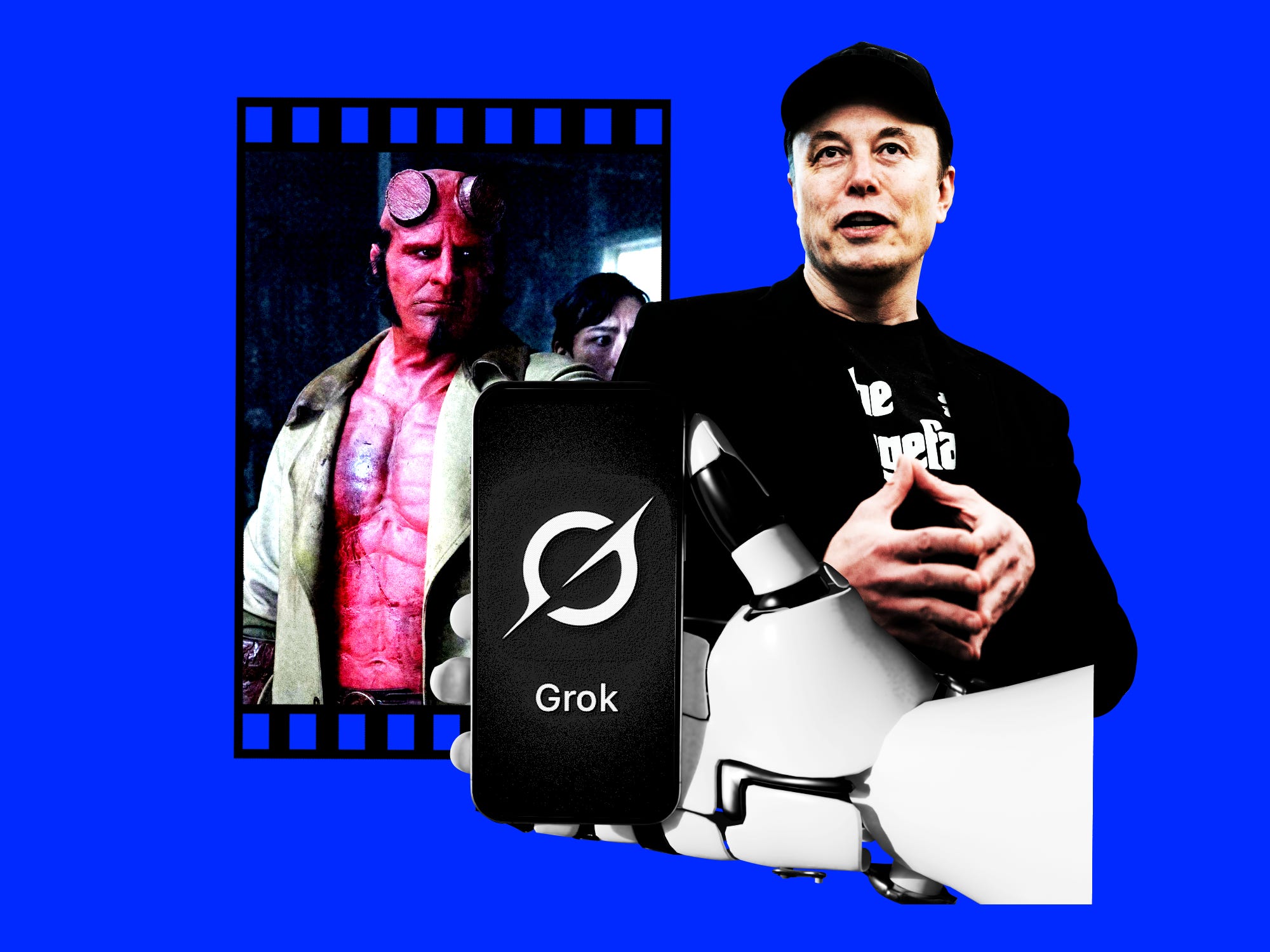 Photo collage showing Elon Musk, a scene from Hellboy, and a robot holding a phone displaying the Grok logo.