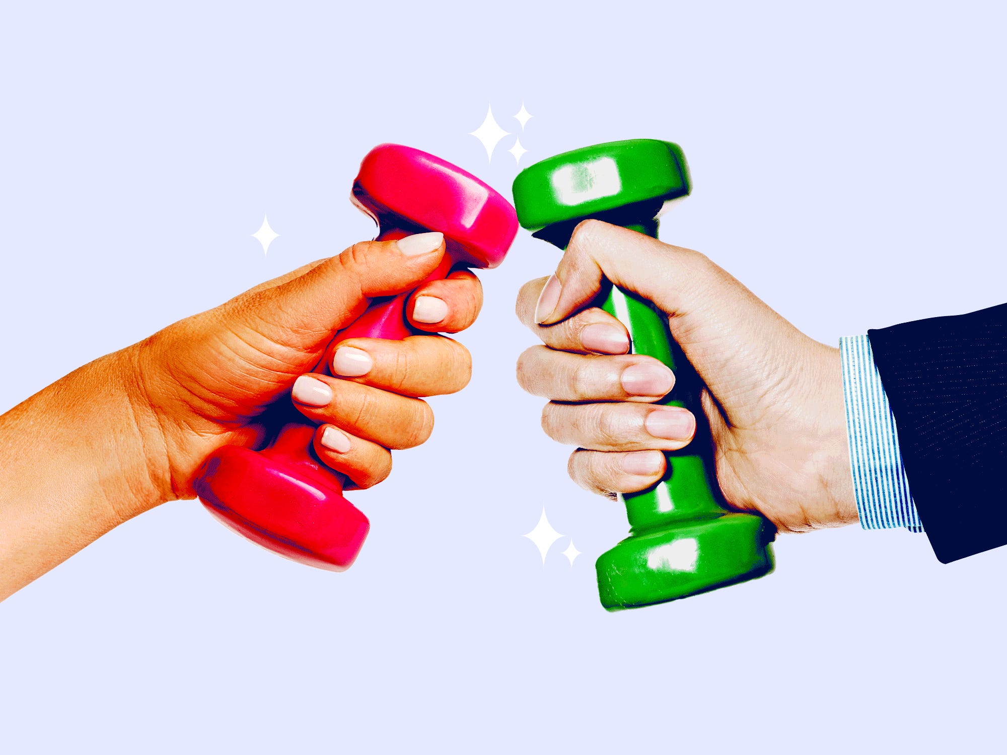 Two coworkers' hands, one in a suit sleeve cheering with dumbbells.