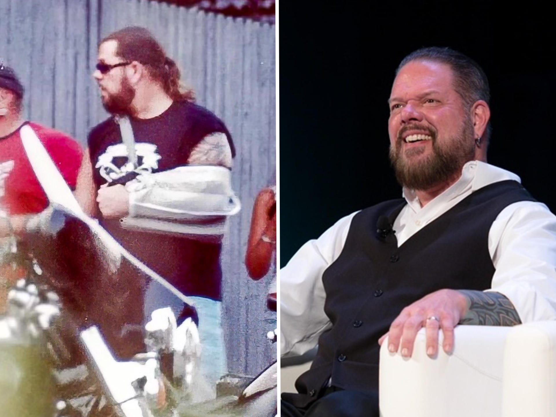 Side by side. On left is Scott Payne with a bunch of bikers. On right is Payne dressed in a nice suit at a conference.