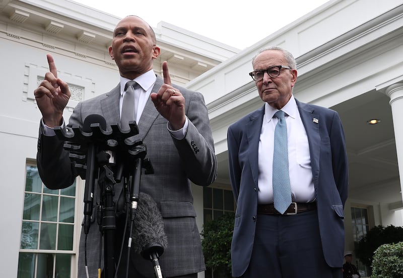 WASHINGTON, DC - SEPTEMBER 29: U.S. House Minority Leader Hakeem Jeffries (D-NY) (L) and Senate Minority Leader Charles Schumer (D-NY) deliver remarks following a meeting with U.S. President Donald Trump at the White House on September 29, 2025 in Washington, DC. The Democratic leaders met with President Trump to negotiate funding legislation to avoid a government shutdown.  (Photo by Win McNamee/Getty Images)