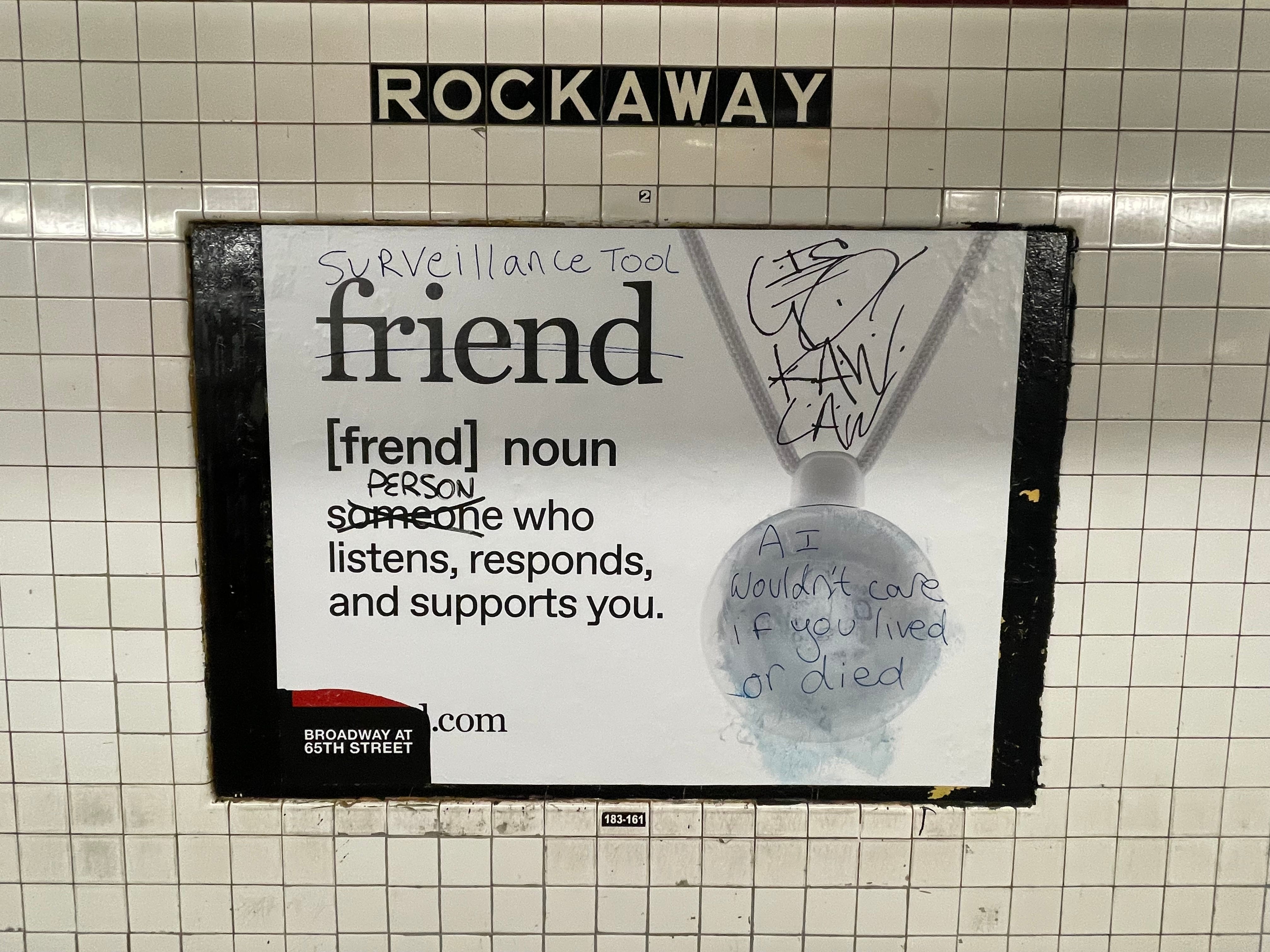 Defaced Friend ad at Rockaway Station in New York City on October 3, 2025.