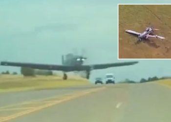 Frightening video shows military plane nearly hit Tesla during crashing landing on Oklahoma highway: ‘Like something out of a movie’
