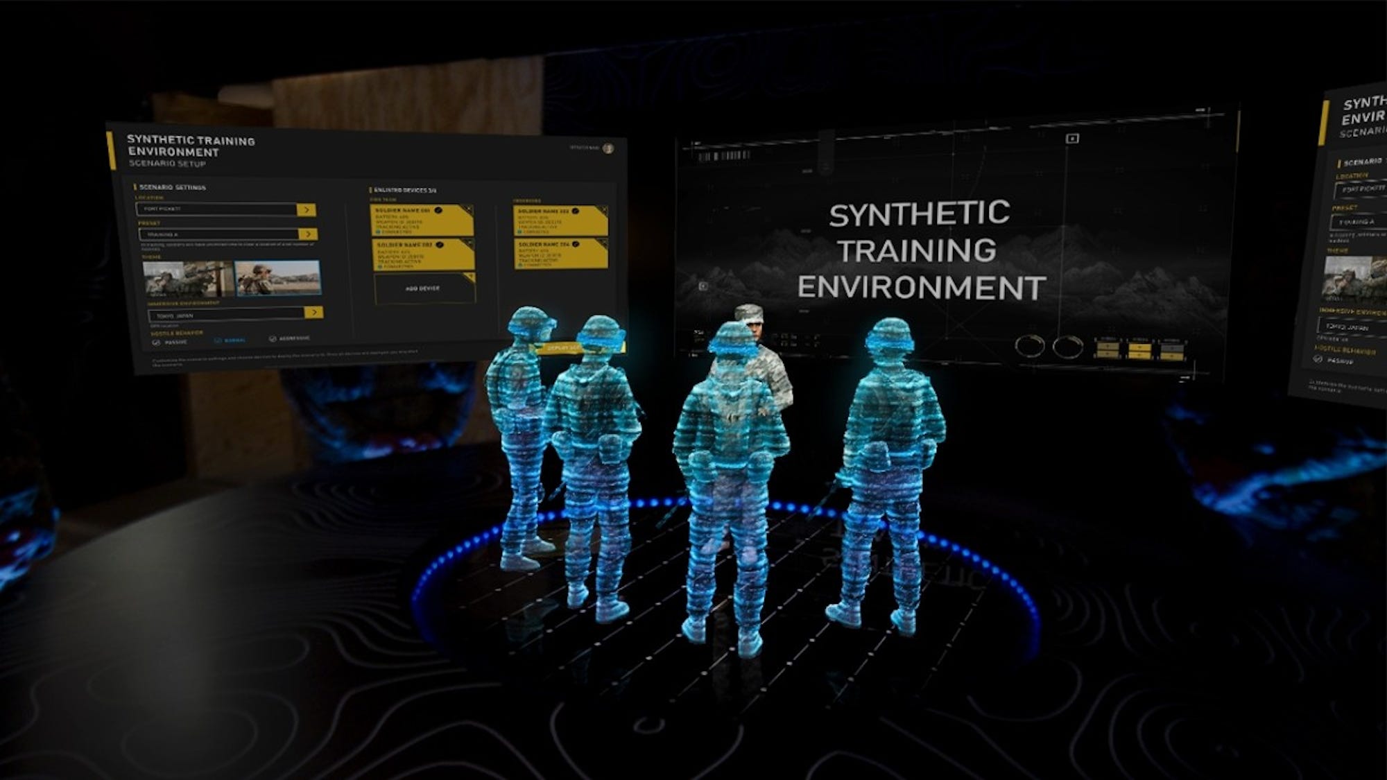 Four blue virtual figures stand in a virtual space with floating screens, one that reads 'synthetic training environment,' behind them
