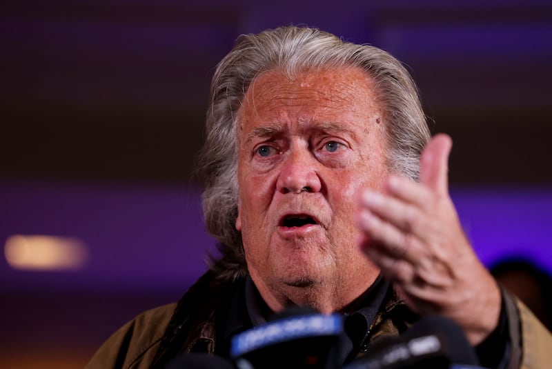Steve Bannon, former advisor to former U.S. President and Republican presidential nominee Donald Trump, gestures as he speaks during a press conference in New York City following his release from U.S. Federal jail in Connecticut, U.S., October 29, 2024. REUTERS/Andrew Kelly