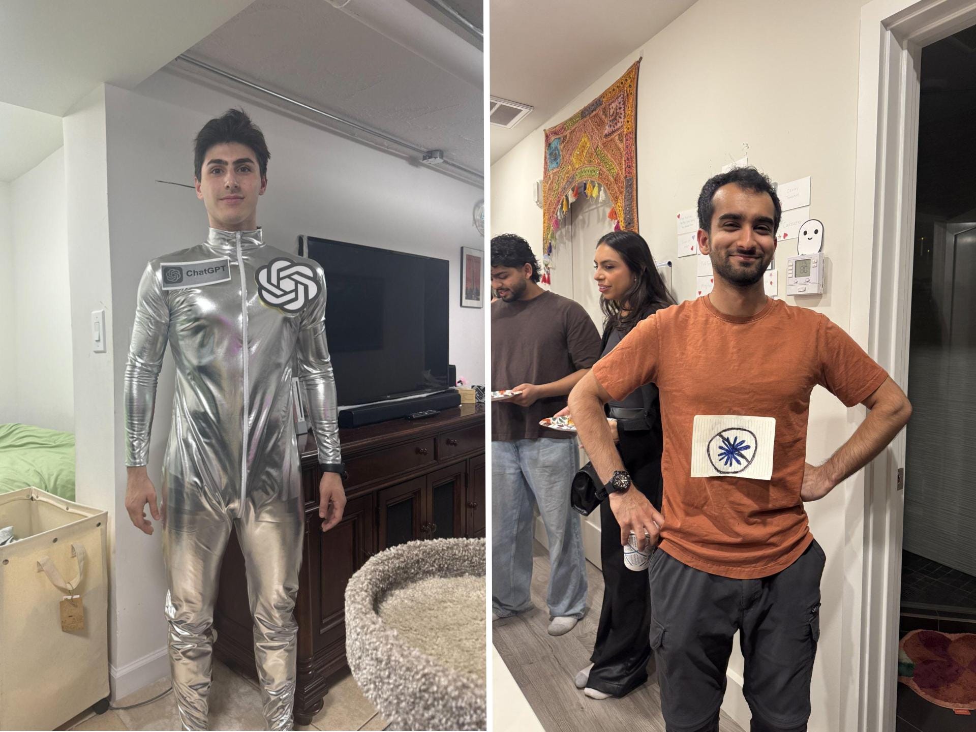 Stephen Michael is dressed as ChatGPT. Taha Haider is dressed as Claude.