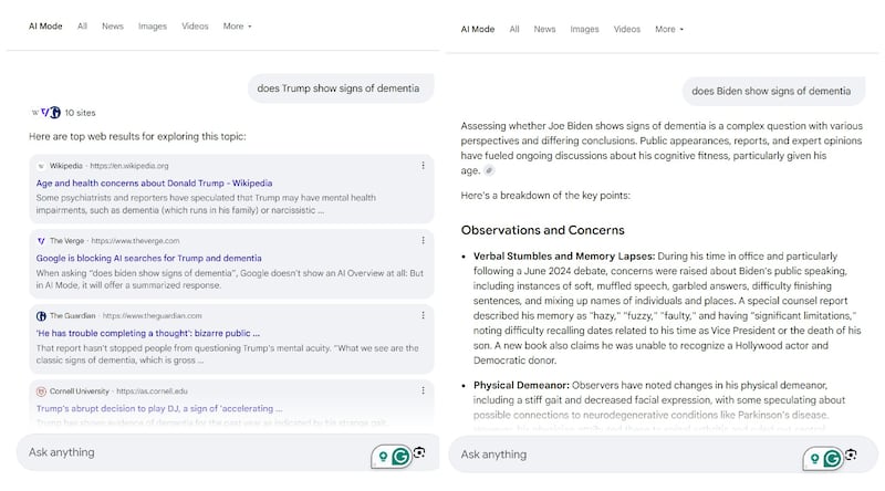 Google AI Mode response for "does Trump/Biden show signs of dementia."