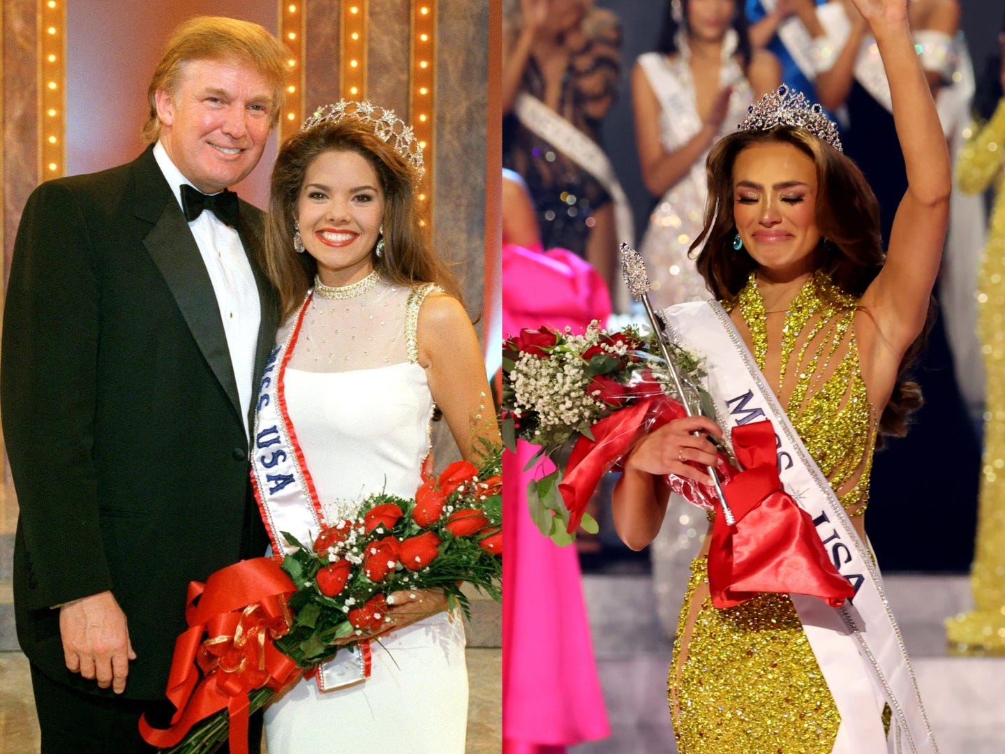 A side-by-side of Miss USA 1999 with Donald Trump and Miss USA 2023.