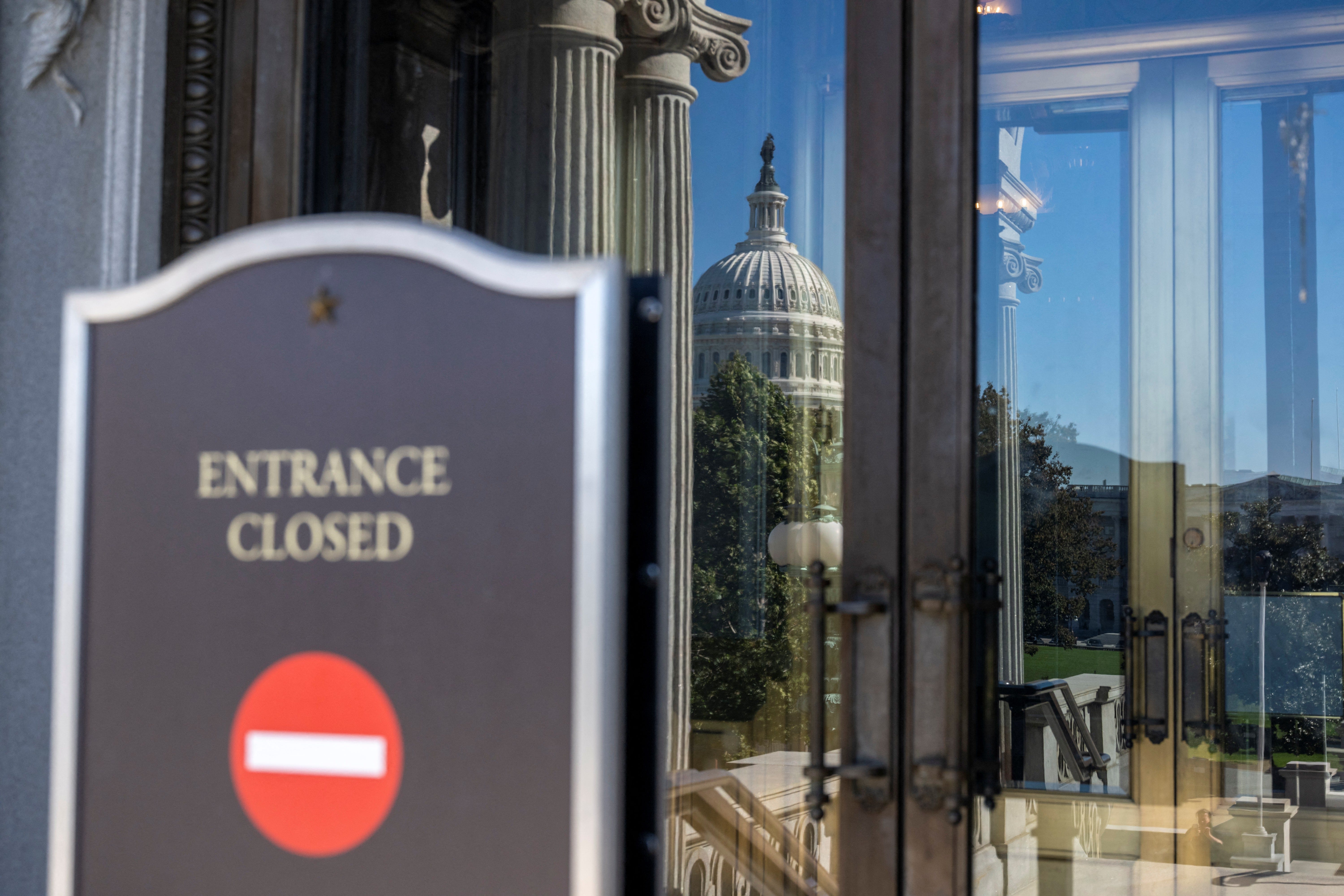 A sign indicates that the Library of Congress in Washington, DC, is closed on October 21, 2025 due to the US government shutdown.