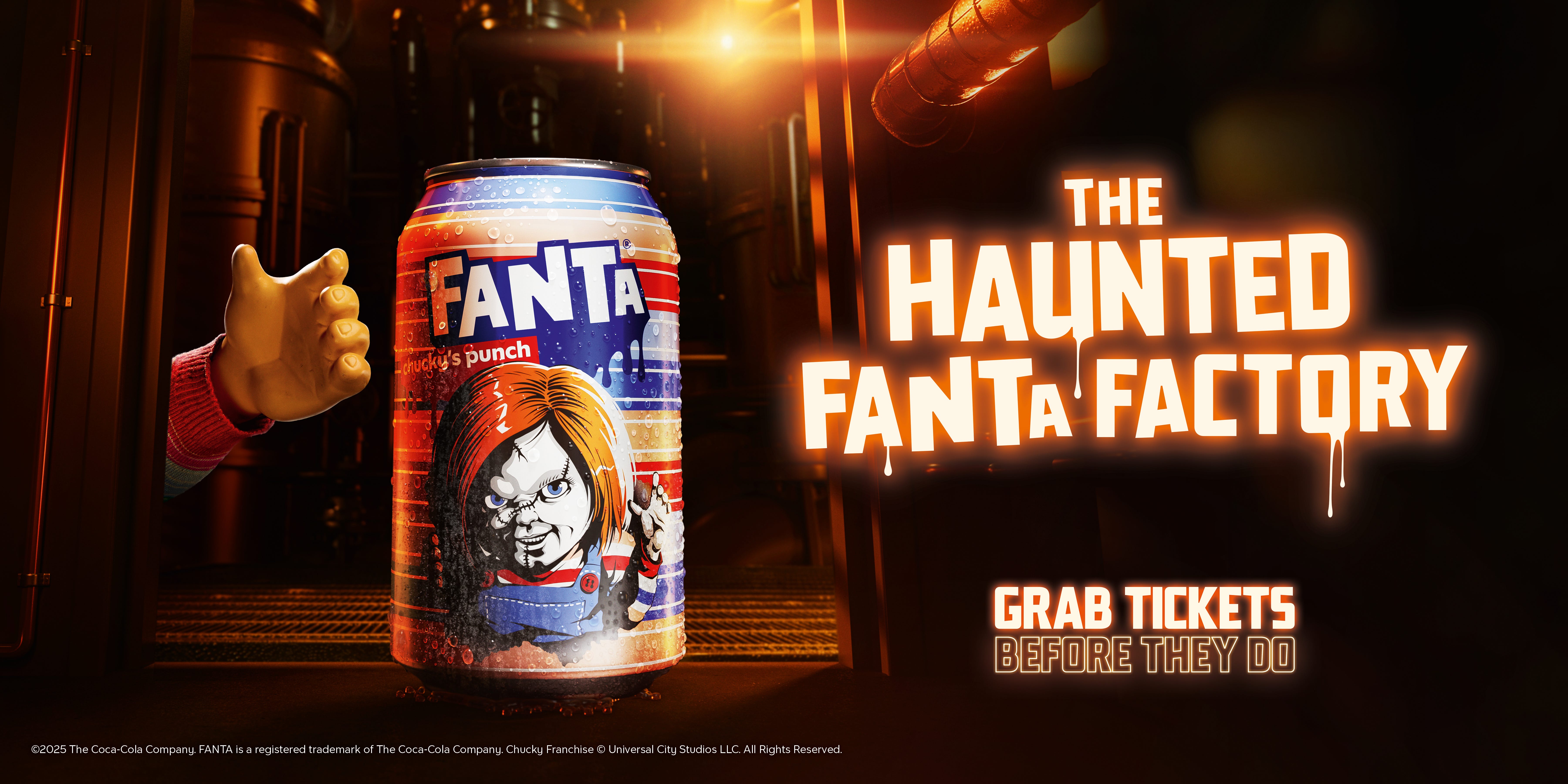 Promo of Coca-Cola's 2025 Haunted Fanta Factory, a partnership with Universal and Blumhouse.