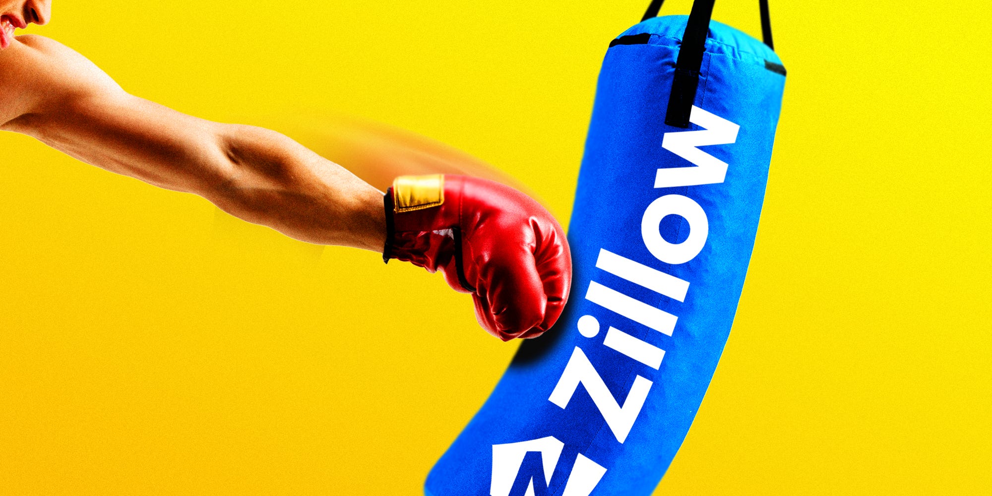 Someone punching a punching bag with the Zillow Logo