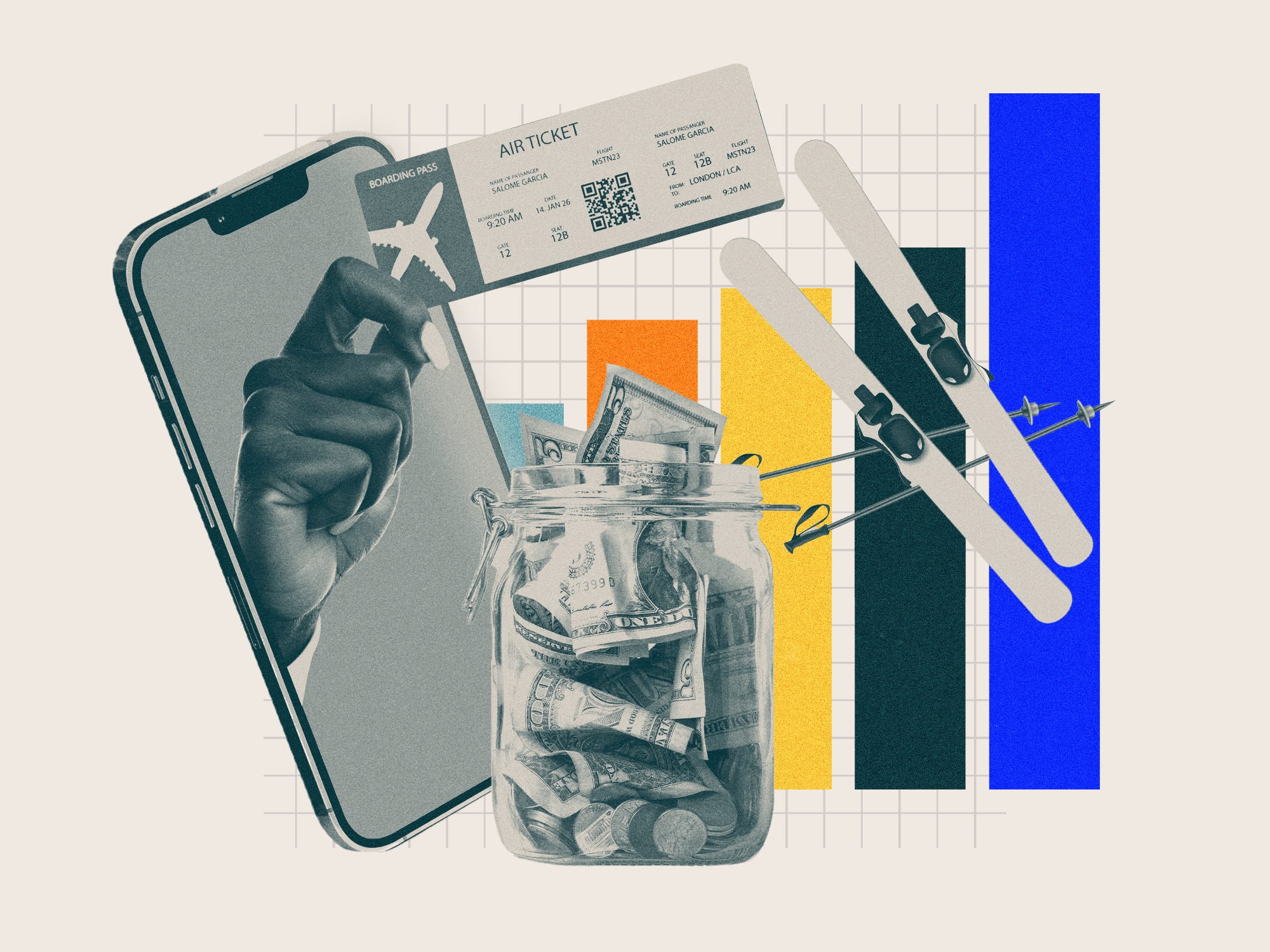 Collage showing a jar filled with money, a hand holding a boarding pass, a pair of skis, and upward-trending bar charts.