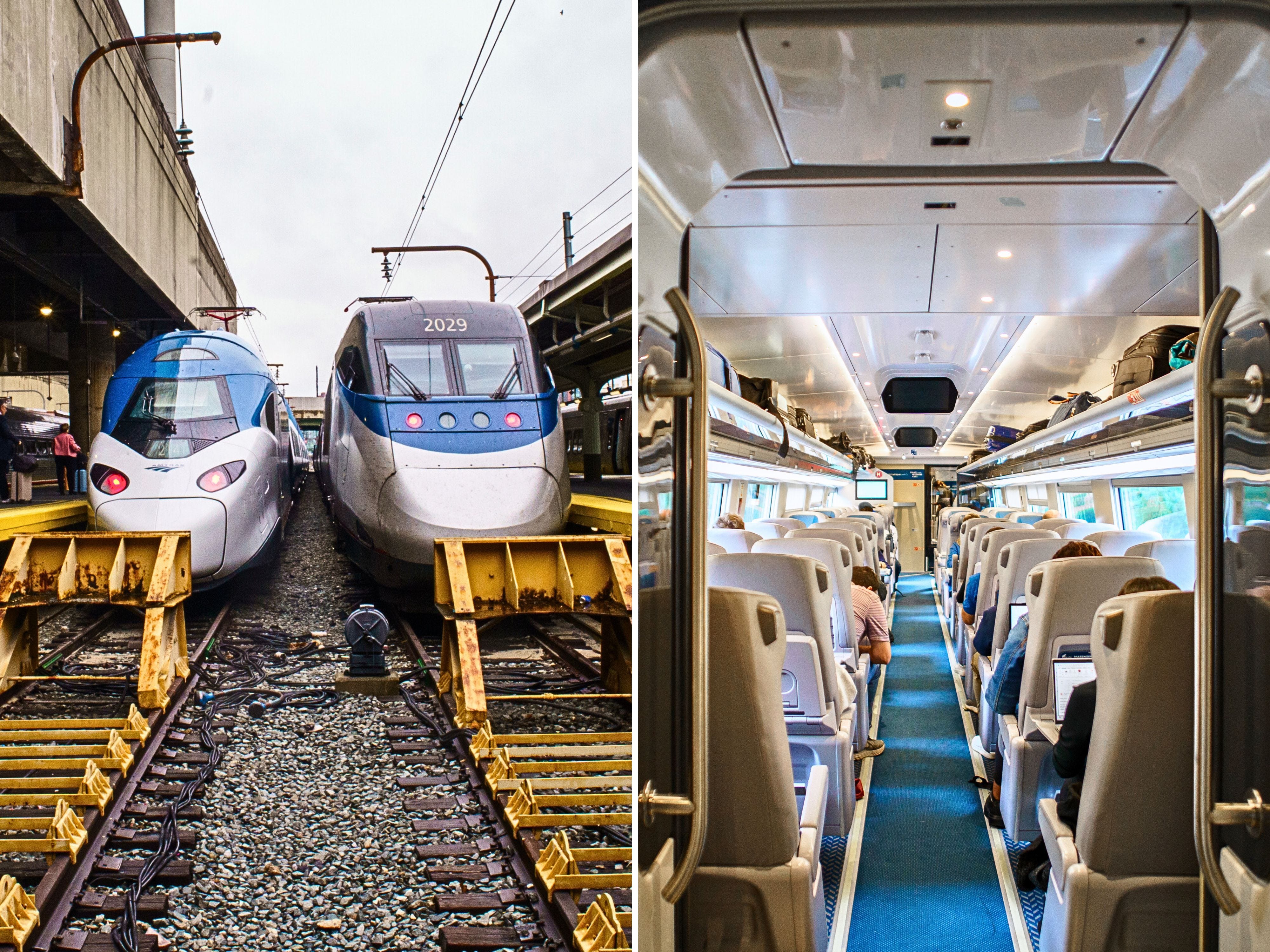 A composite image of an Amtrak NextGen Acela parked next to the older Acela model and inside the business-class car on the NextGen Acela