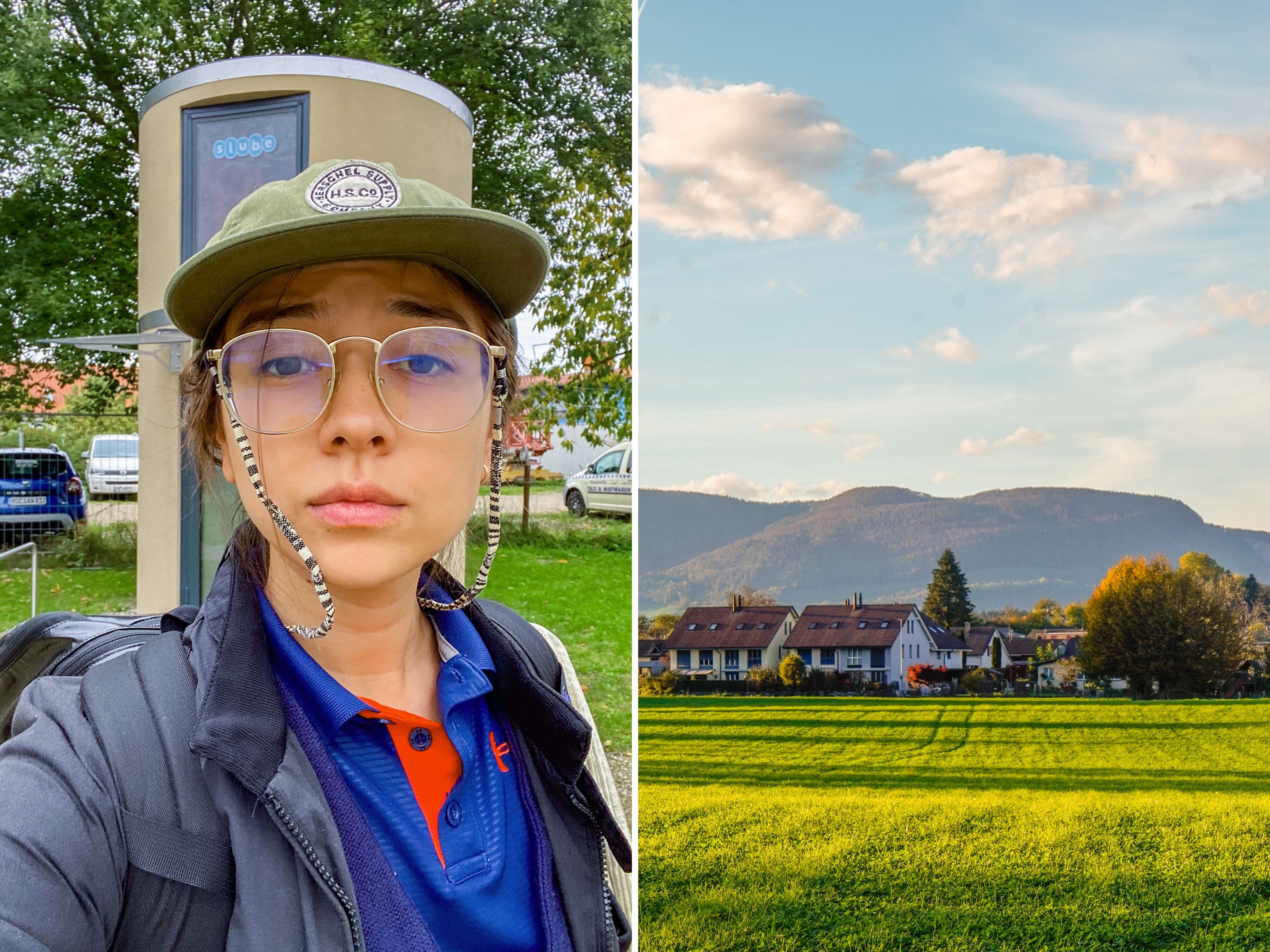 A composite image of the author in a cap and blue polo standing in front of a tub-shaped brown building with trees and grass in the background and a sunlit field in front of houses with mountains in the background