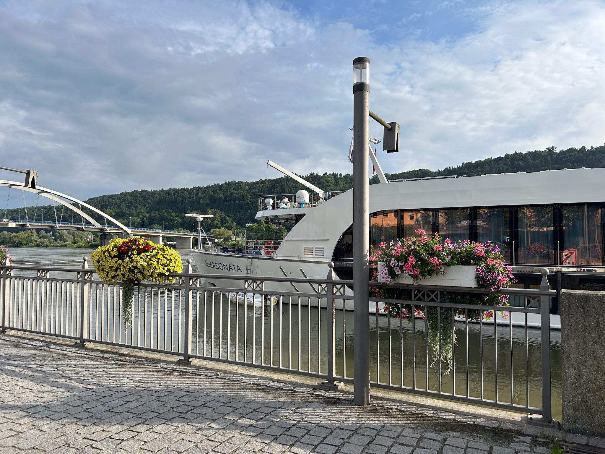A wide shot of the river cruise boat the author vacationed on.
