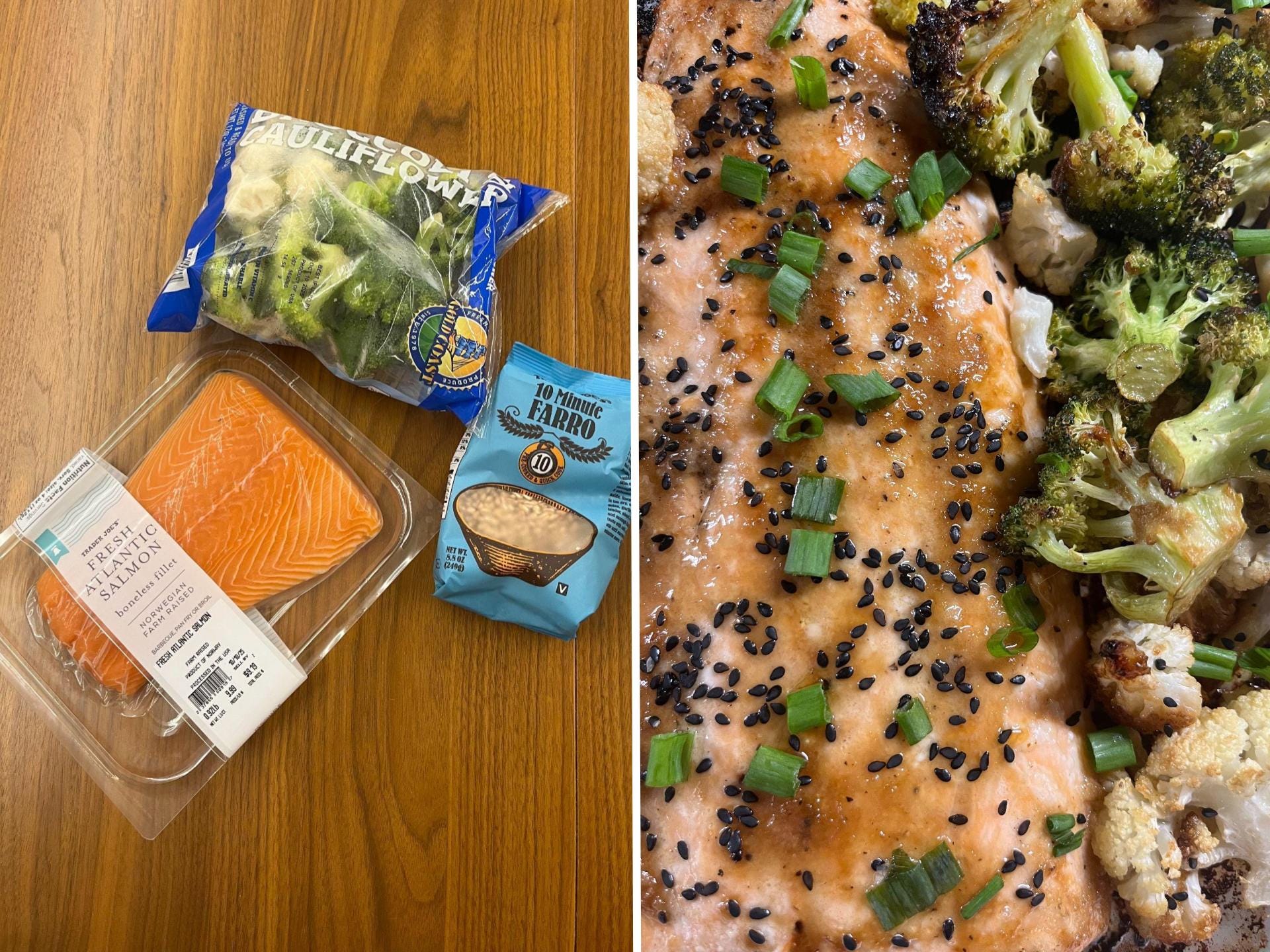 Trader Joe's salmon, farro, and broccoli; a cooked salmon with broccoli