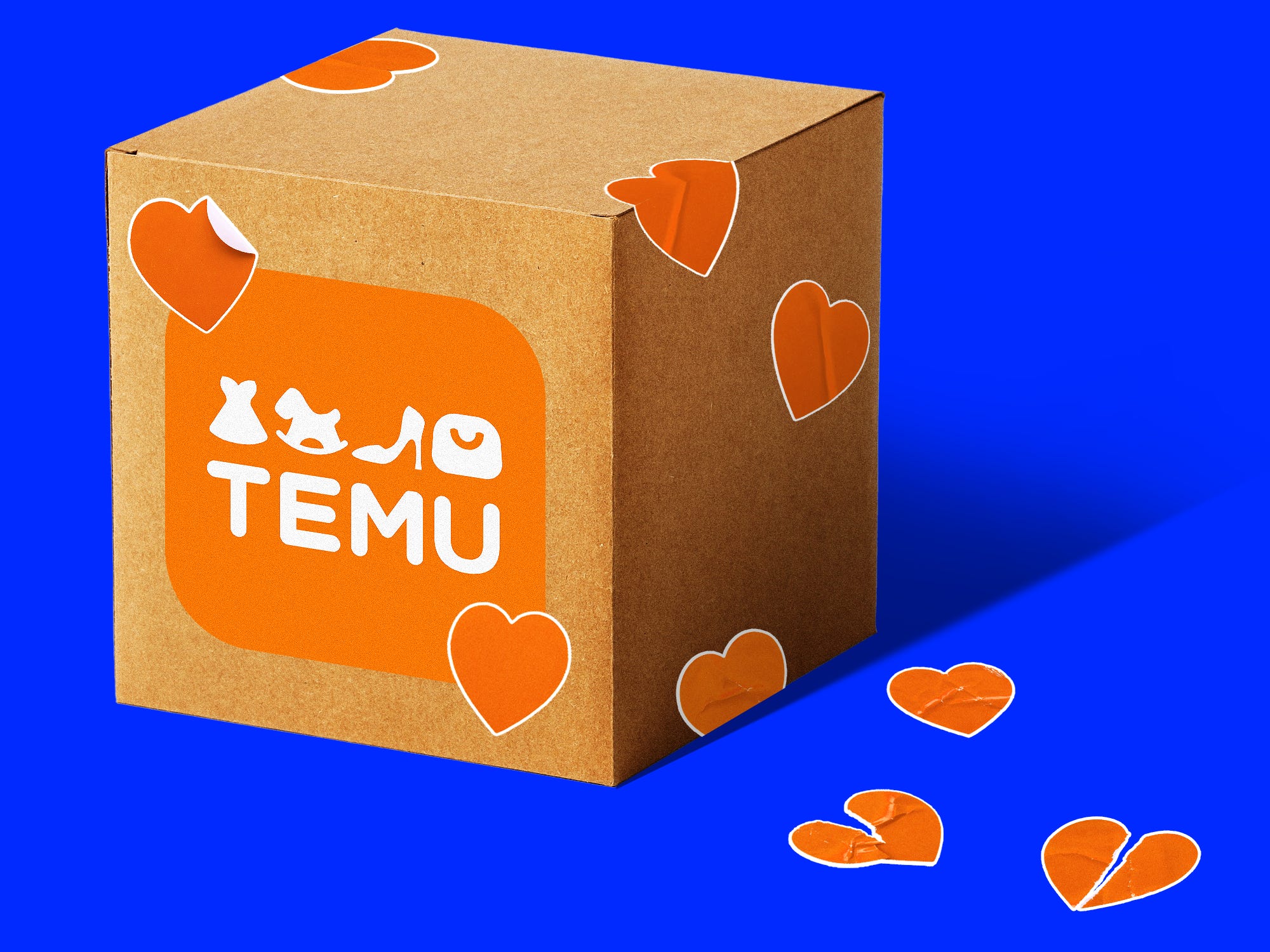 A Temu box covered in heart stickers and broken heart stickers
