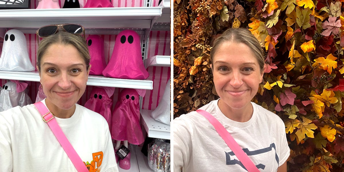 Composite of author Terri Peters smiling in aisle in front of pink ghosts at Michaels next to selfie of her smiling in Hobby Lobby in front of autumnal leaves