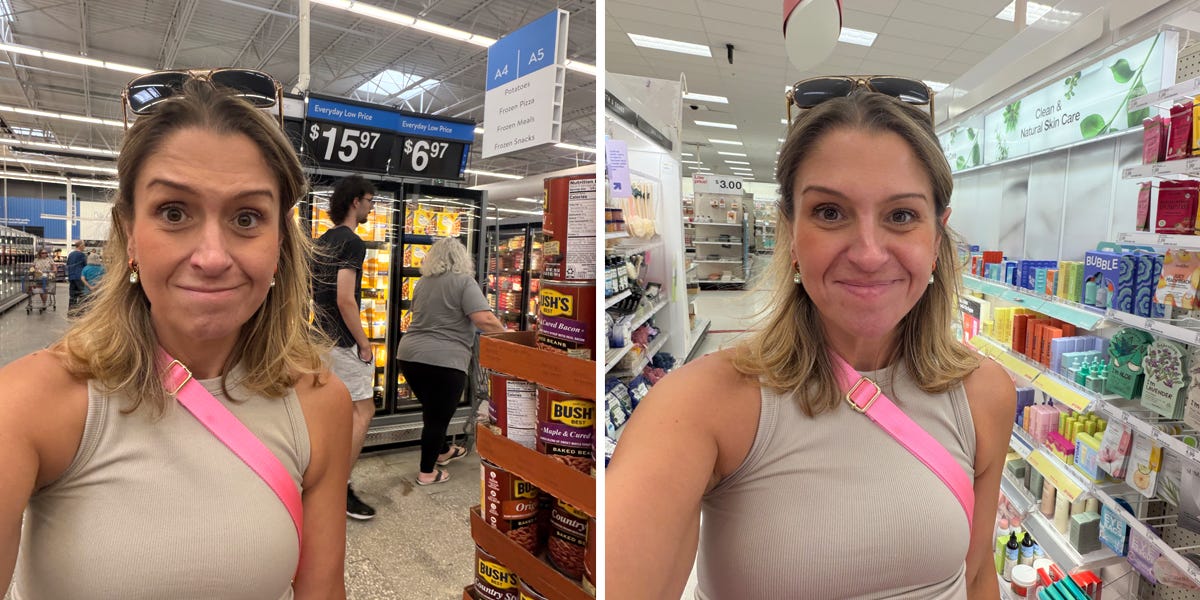 Composition of author Terri Peters smiling in Walmart next to photo of her smiling in a Target