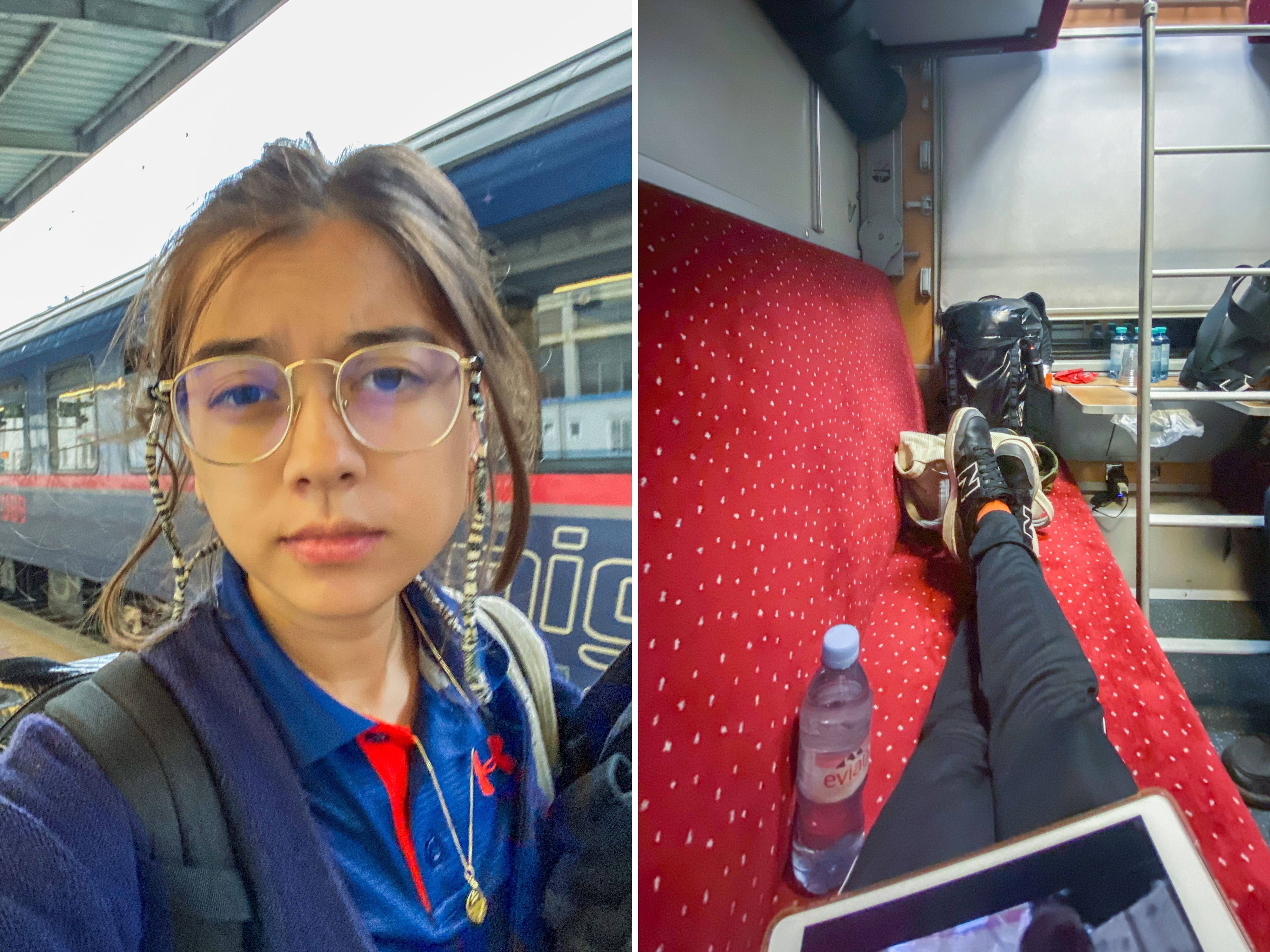 A composite image of the author in front of a blue train and inside a train cabin with red bunks