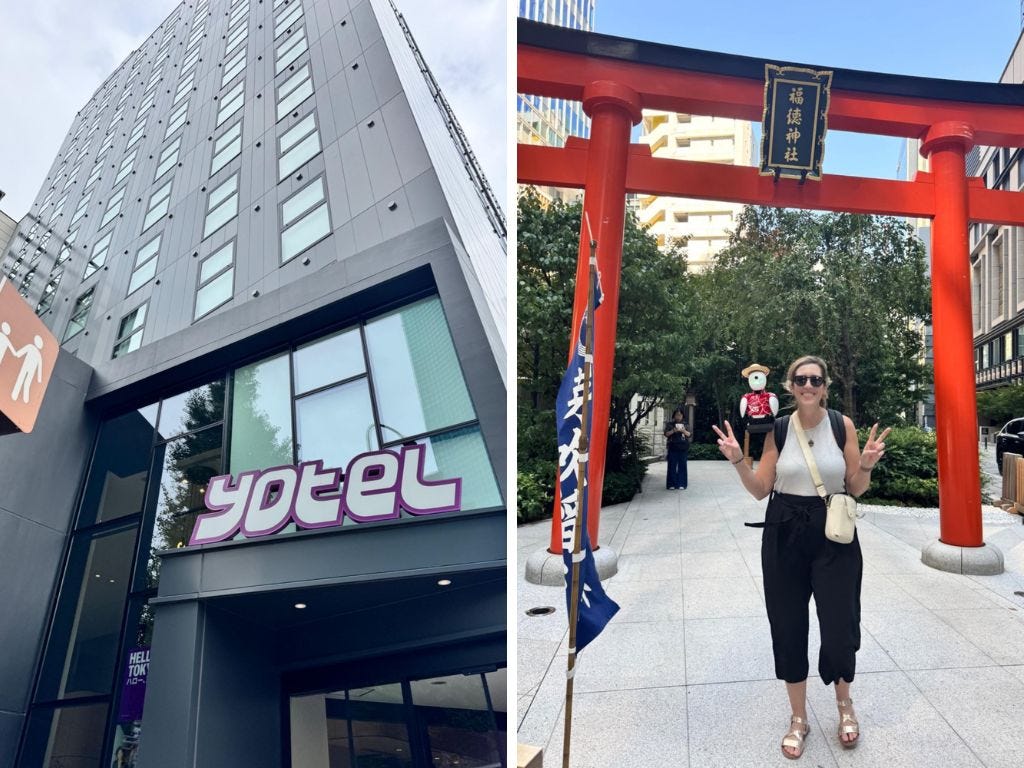 side-by-side picture of exterior of Yotel and Michelle Gross smiling in Tokyo