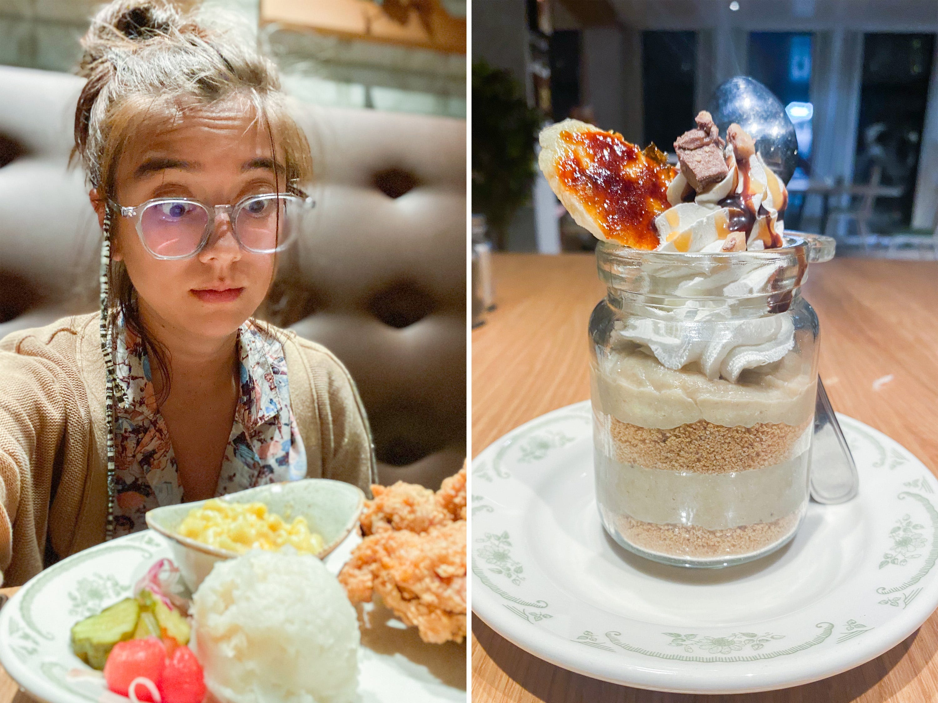 A composite image of the author looking down at a dish of food and a banana pudding in a mason jar