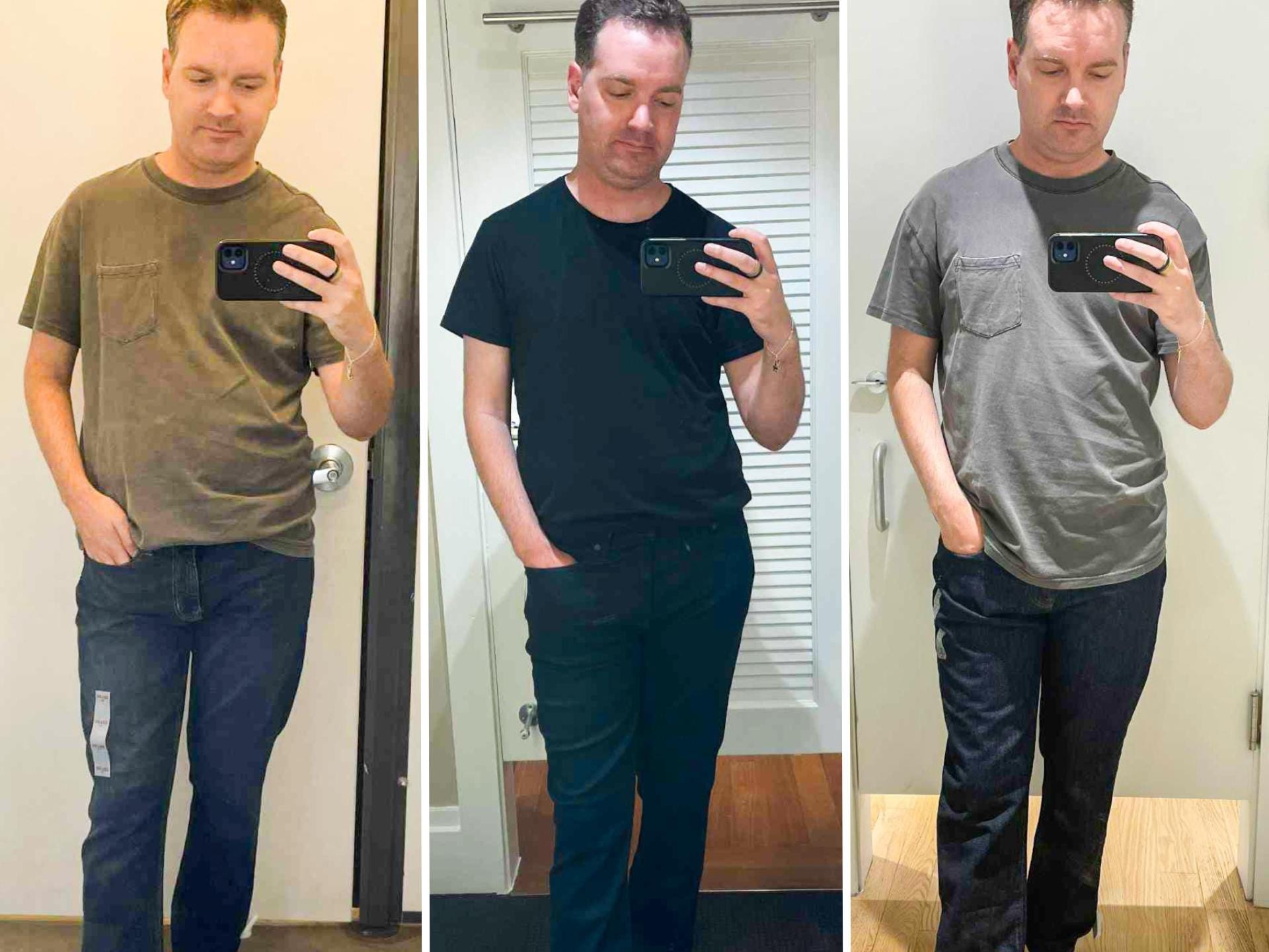 Mike wearing jeans from Old Navy, Banana Republic, and Gap.