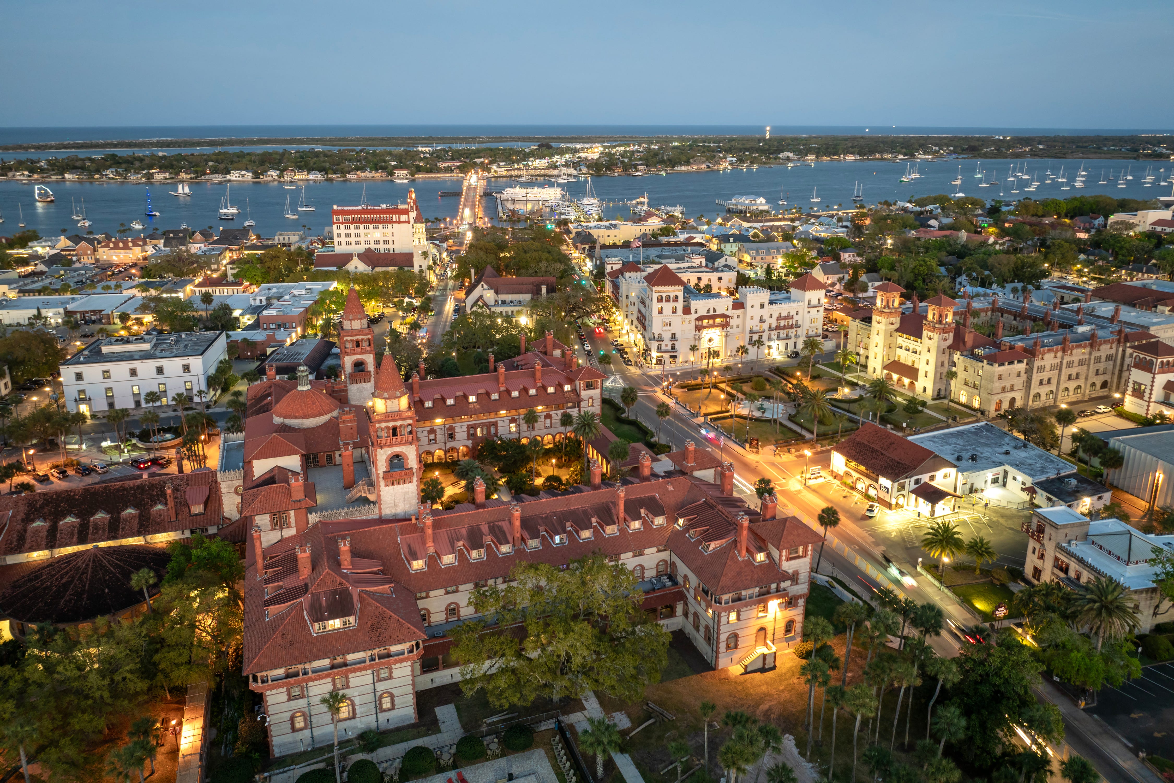 Aerial view of Flagler College campus in St. Augustine city in Florida at night