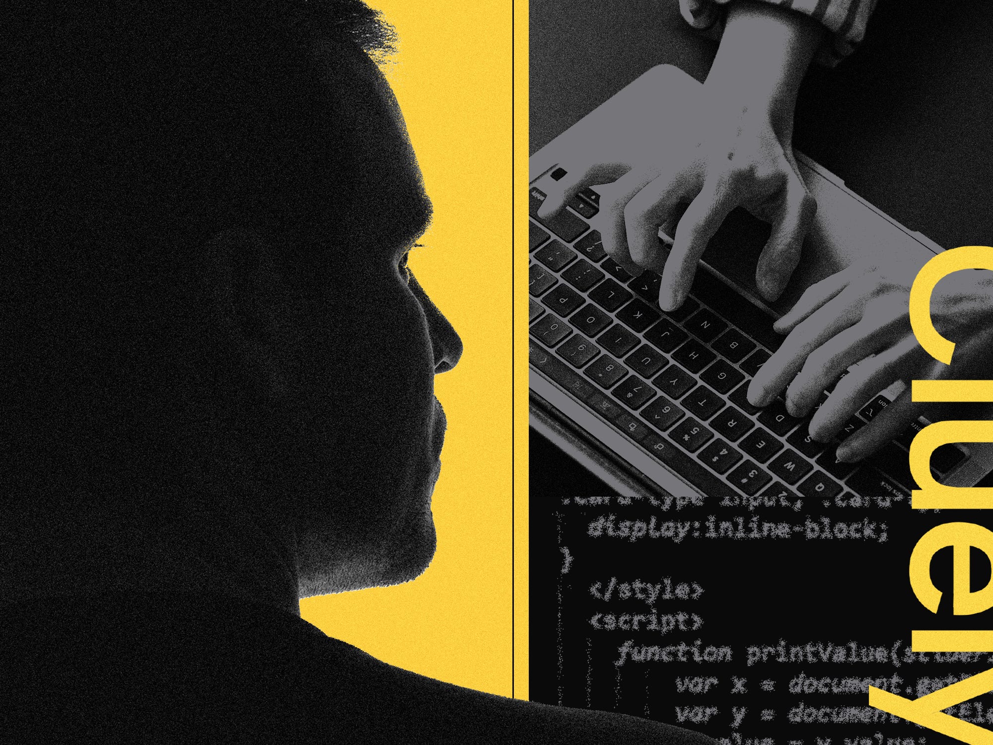 Photo collage of an anonymous man and coding imagery