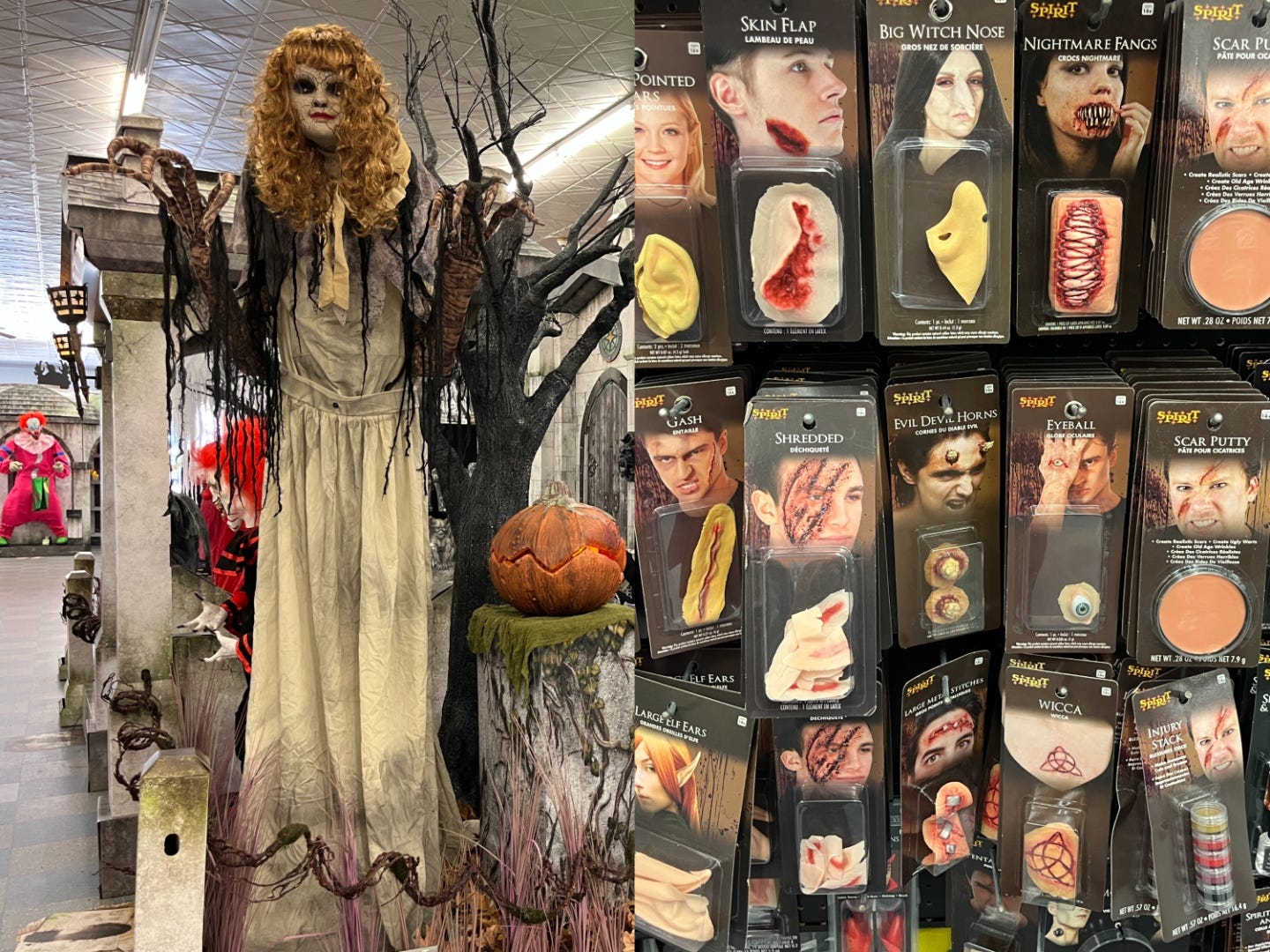 On the left, a scary Halloween animatronic woman, and on the right, prosthetics from Spirit Halloween.
