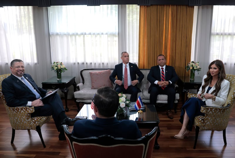 U.S. Homeland Security Secretary Kristi Noem meets with President of Costa Rica Rodrigo Chaves Robles (L) at the Casa Presidencial on June 25, 2025 in San Jose, Costa Rica. Noem continues her visits to several Central American countries today, meeting with political leaders and learning about immigration programs and facilities supported by the U.S. Department of Homeland Security, with a focus on U.S. security cooperation initiatives in the region. The officials were joined by Corey Lewandowski, Special Government Employee and Advisor, and Mike Flores, Chargé D’Affaires of the U.S. Mission to Costa Rica.