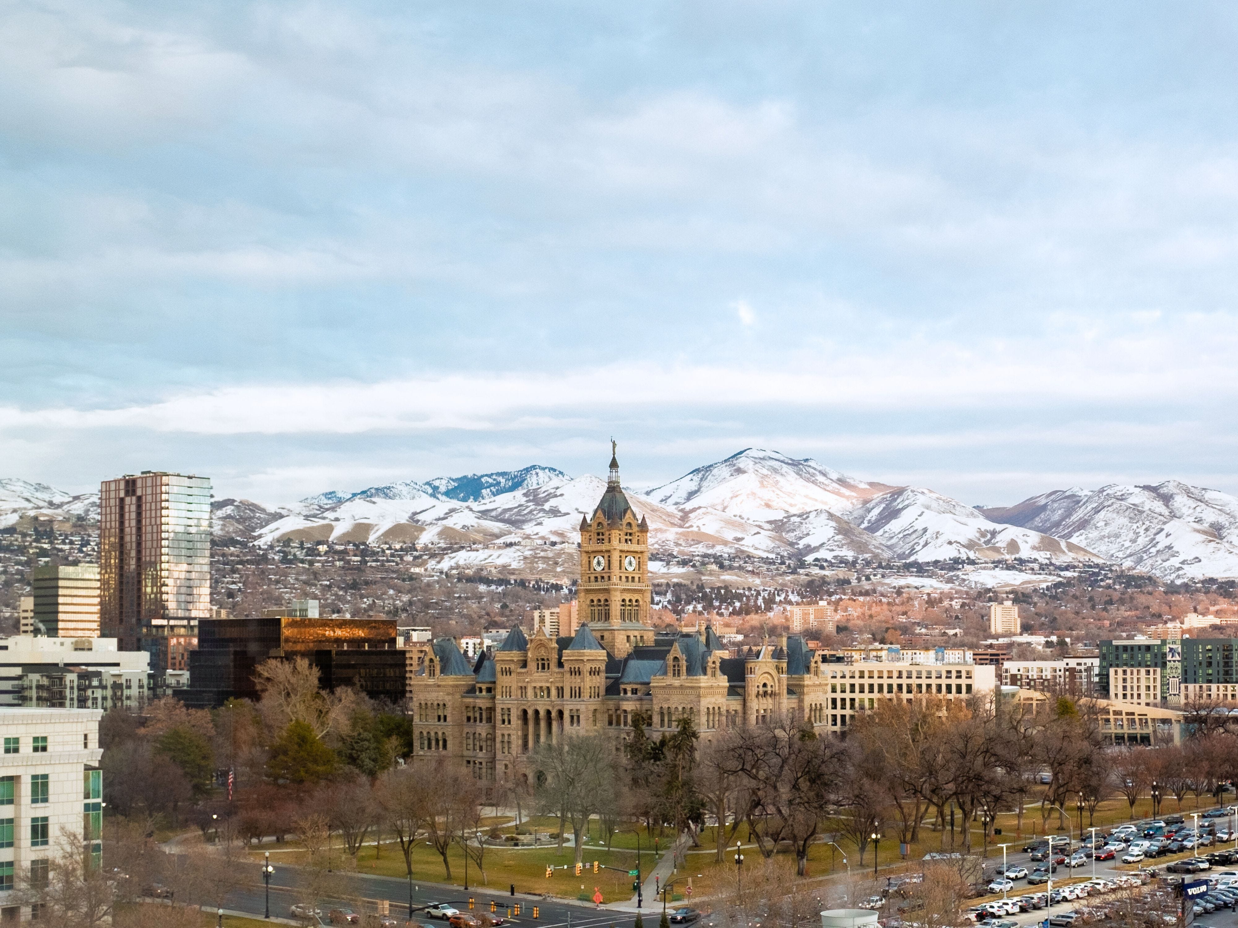 A portion of the Salt Lake City Skyline with mountains in the background