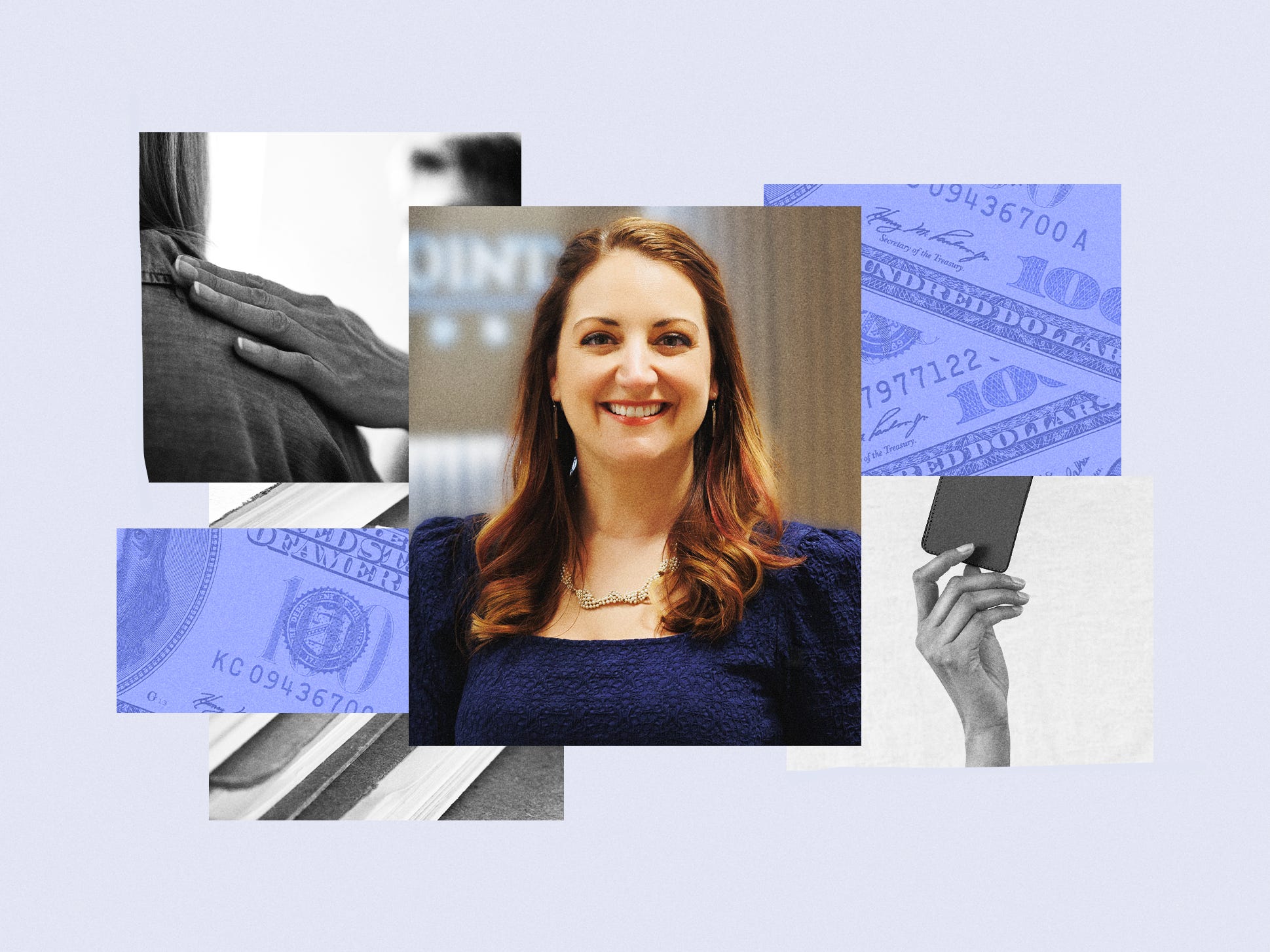Photo collage featuring Ashley Agnew, Money pattern, hand holding a wallet, hand on shoulder, and a stack of papers.