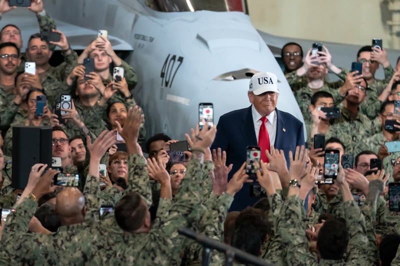 YOKOSUKA, JAPAN - OCTOBER 28: U.S. President Donald Trump arrives to deliver a speech aboard USS George Washington on October 28, 2025 in Yokosuka, Japan. Trump is visiting Japan, fresh off an appearance at the ASEAN summit in Malaysia, and will next travel to South Korea for the APEC meetings. (Photo by Tomohiro Ohsumi/Getty Images)