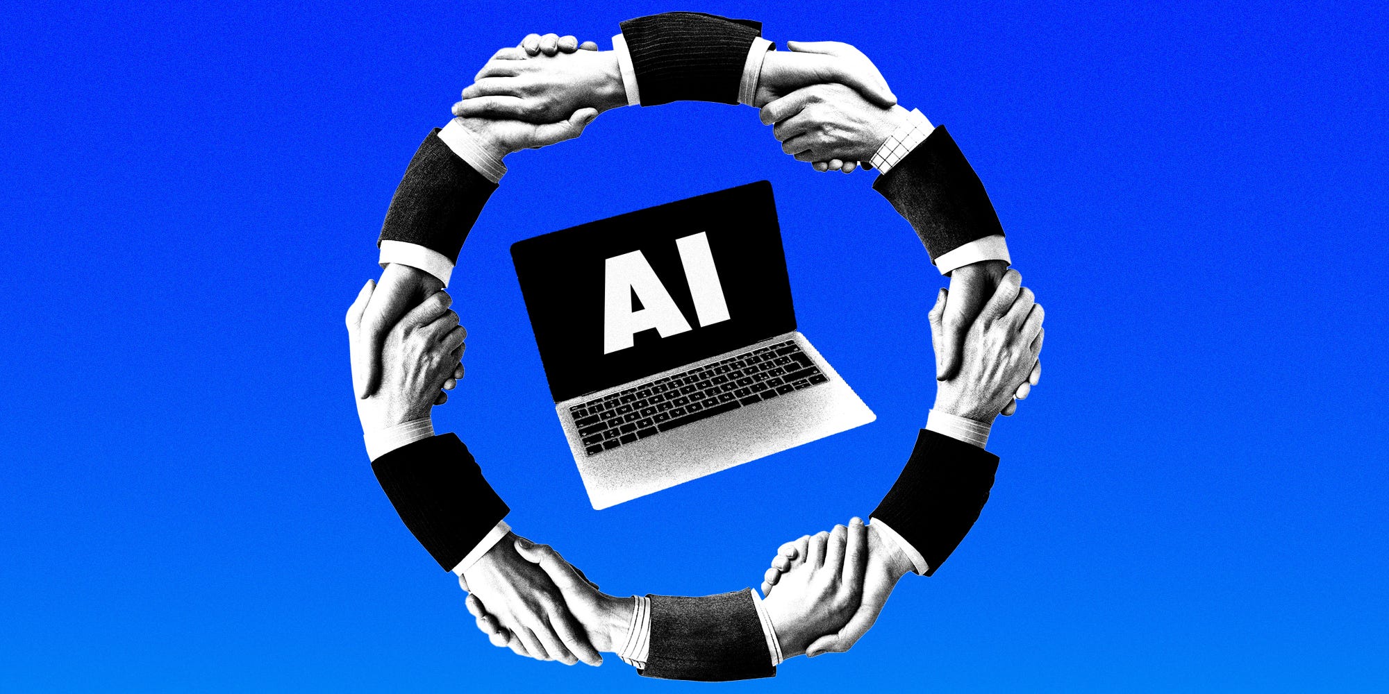 A on going handshake in the shape of a circle with a laptop displaying 