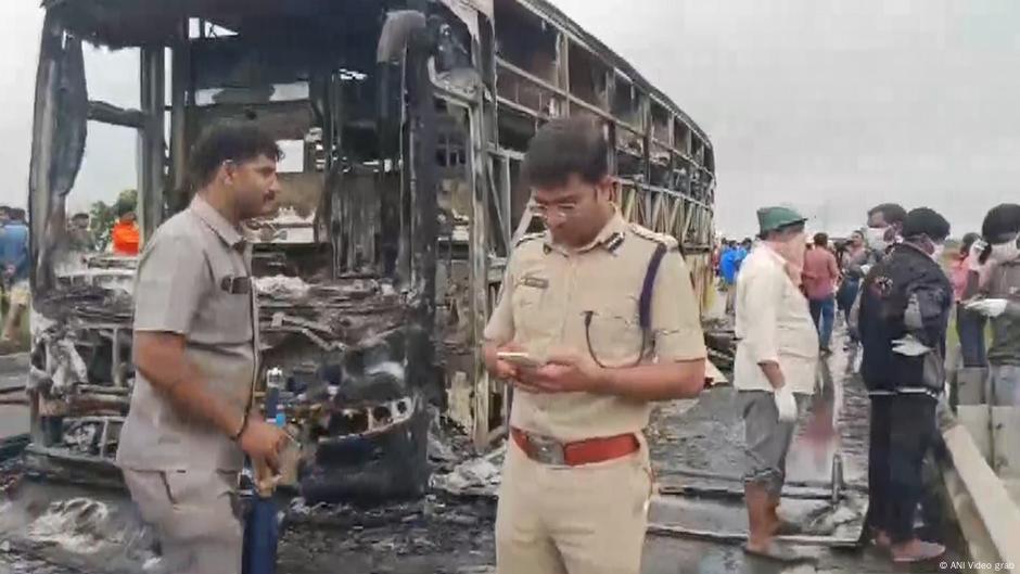 India bus fire kills 20 after motorcycle crash