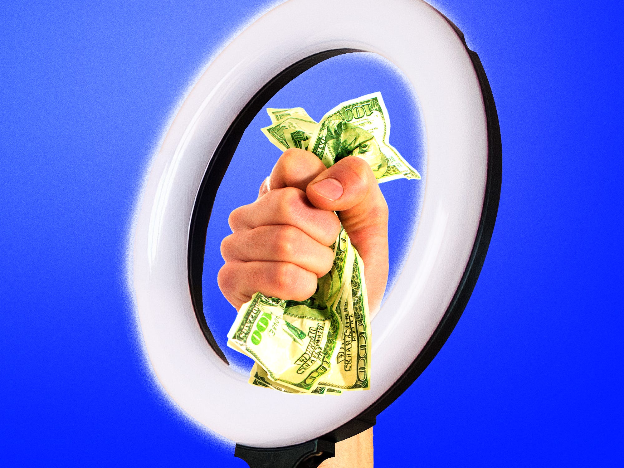 Influencer ring light with a hand reaching through the center, squeezing a wad of cash.