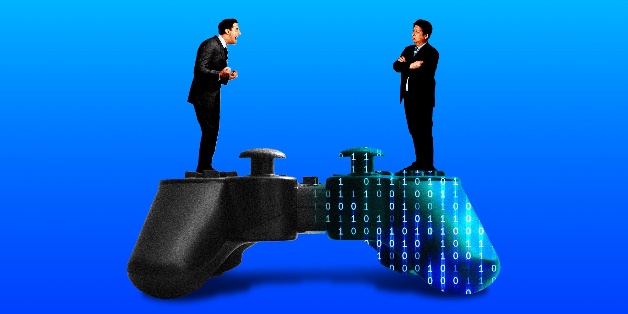 An employee screaming at his employer while both stand on the opposit ends of a video game controller