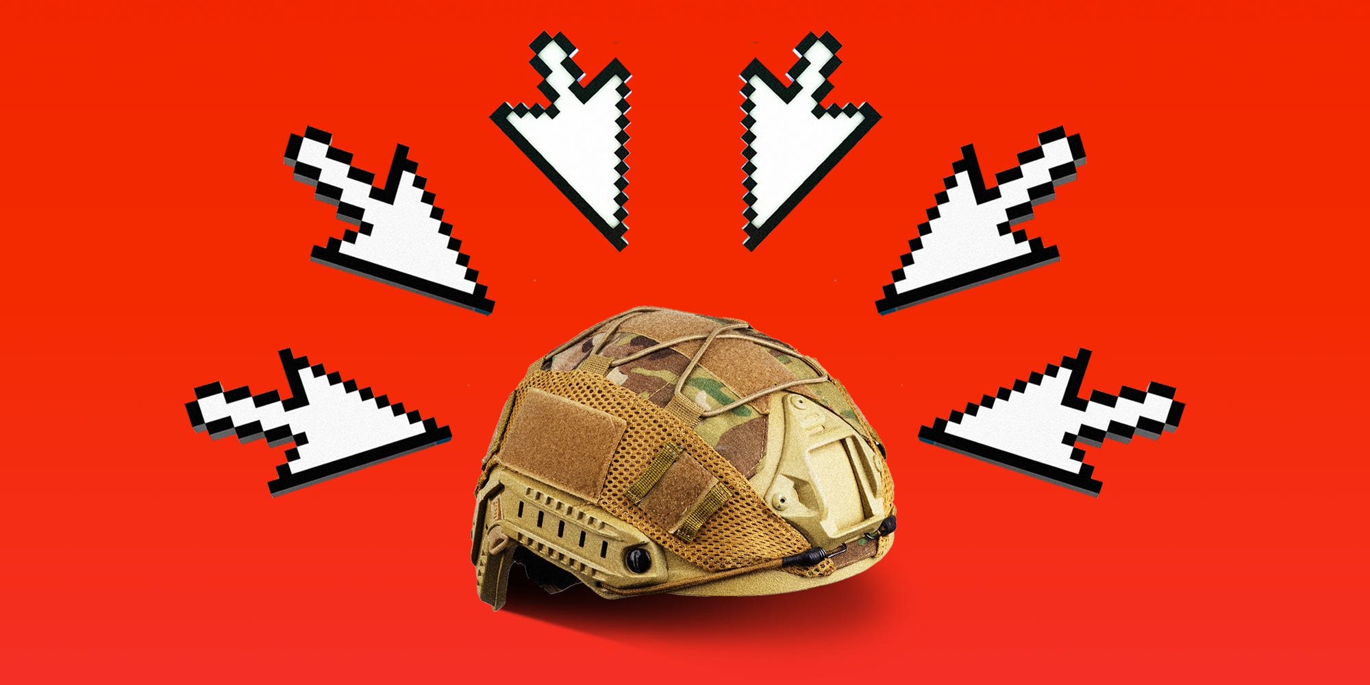 A military helmet surrounded by computer cursors