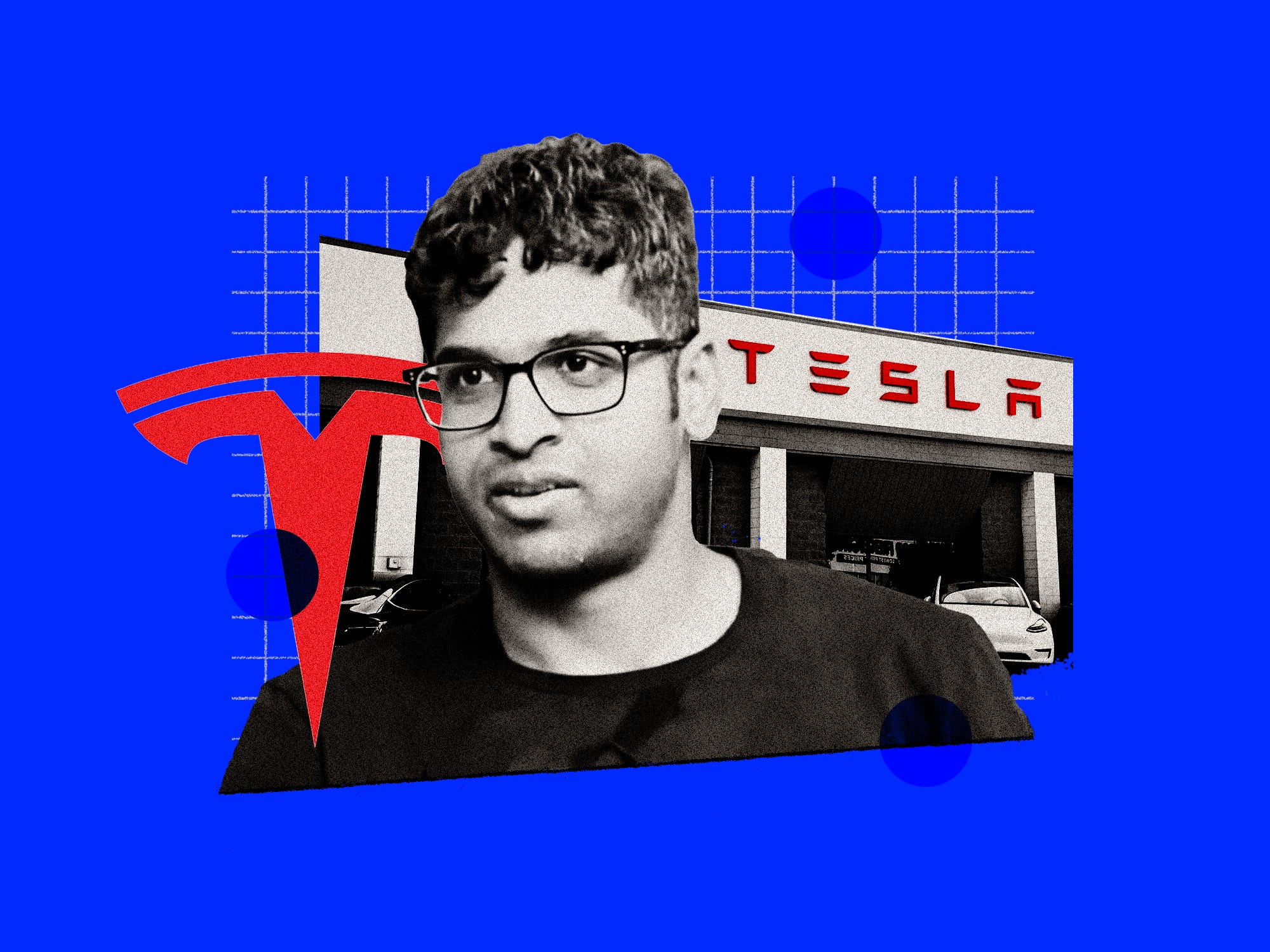 Photo collage featuring Ashok Elluswamy, Tesla showroom, and Tesla logo.