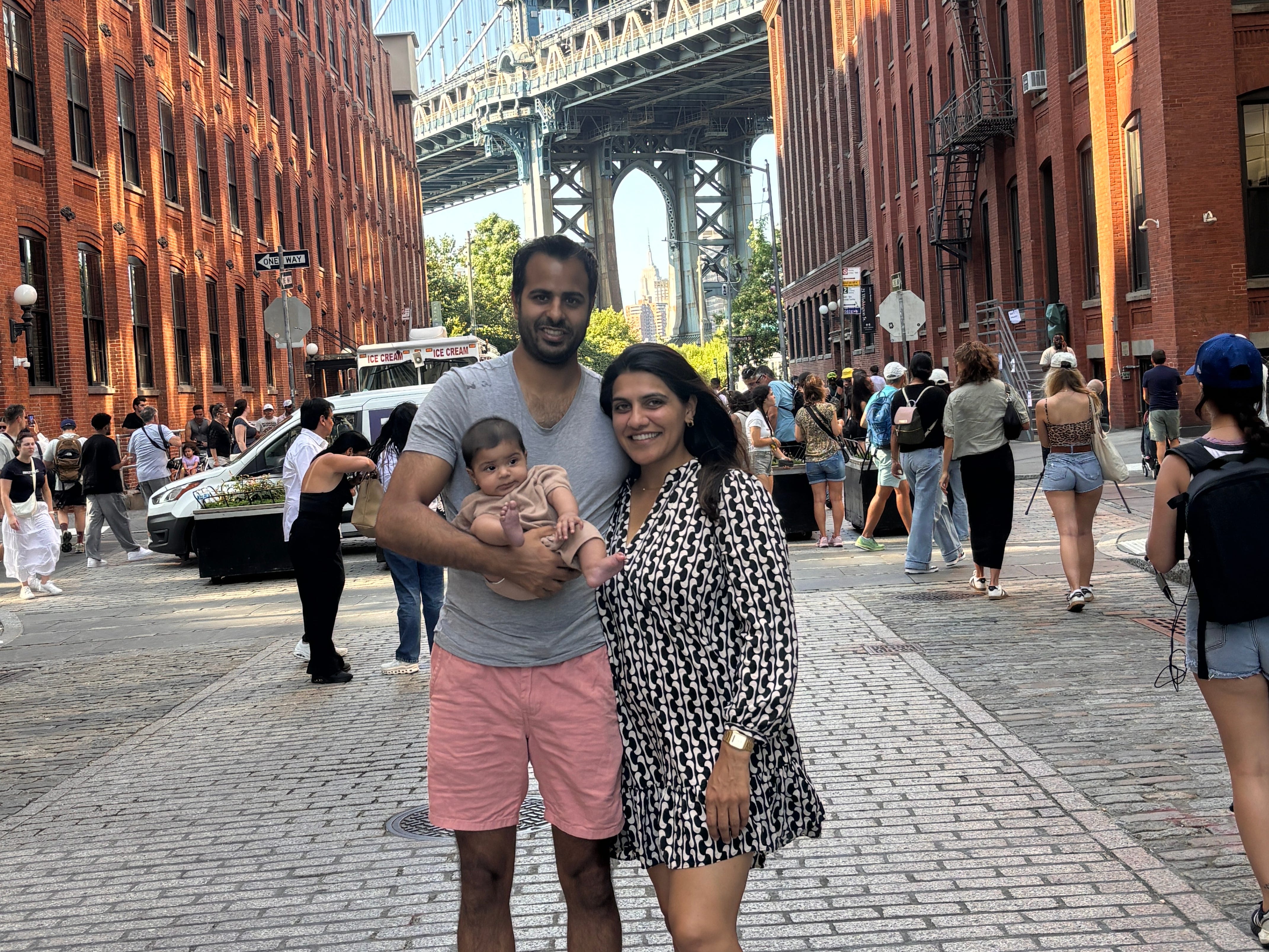 Priya Sadhwani, her husband, and their baby in New York