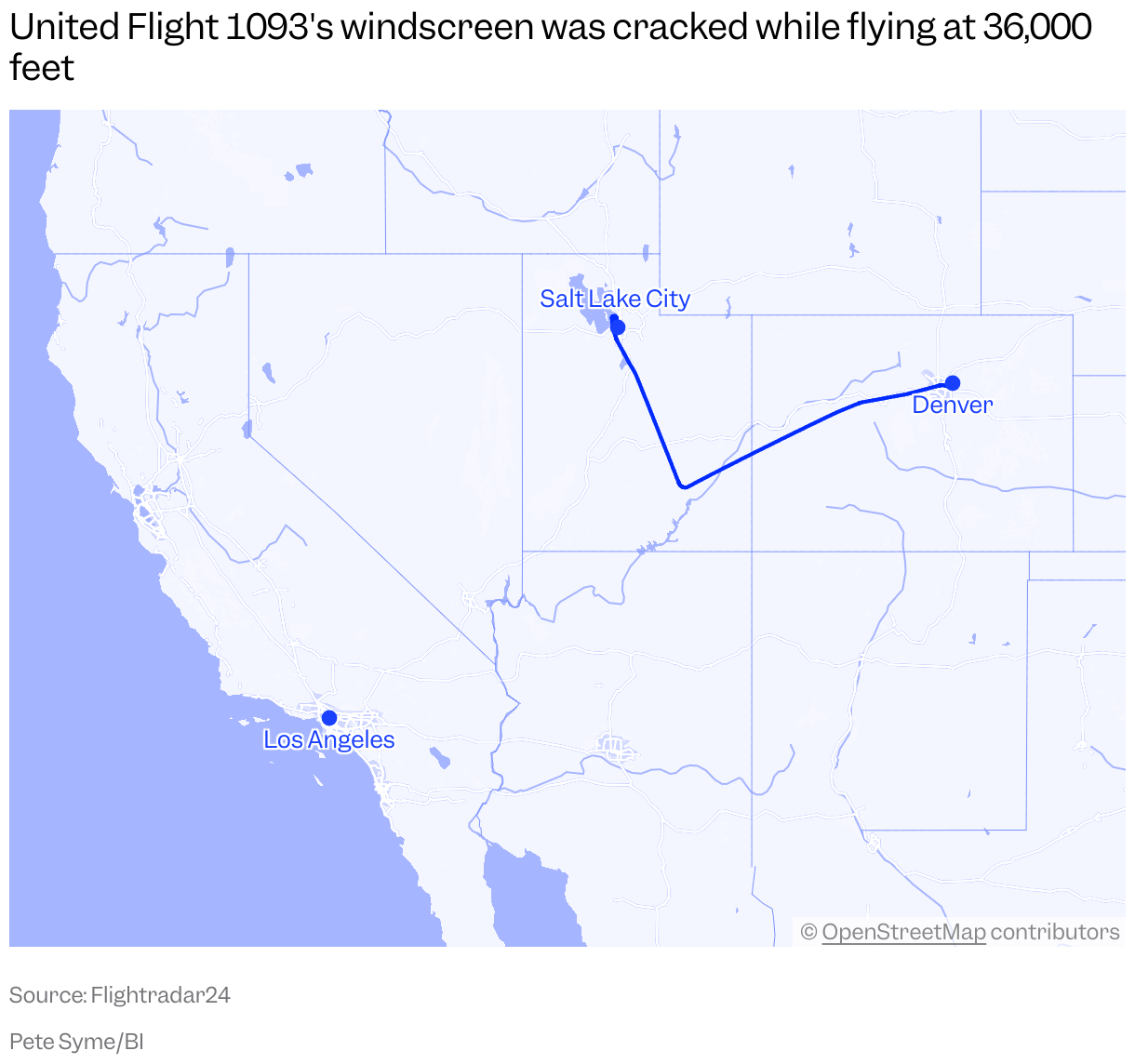 A map showing the path of United Flight 1093 on October 16, from Denver then diverting to Salt Lake City