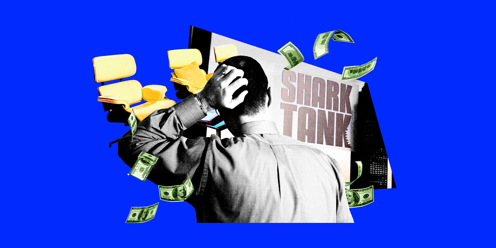 Photo collage featuring a confused man scratching his head, Shark Tank signature chairs,