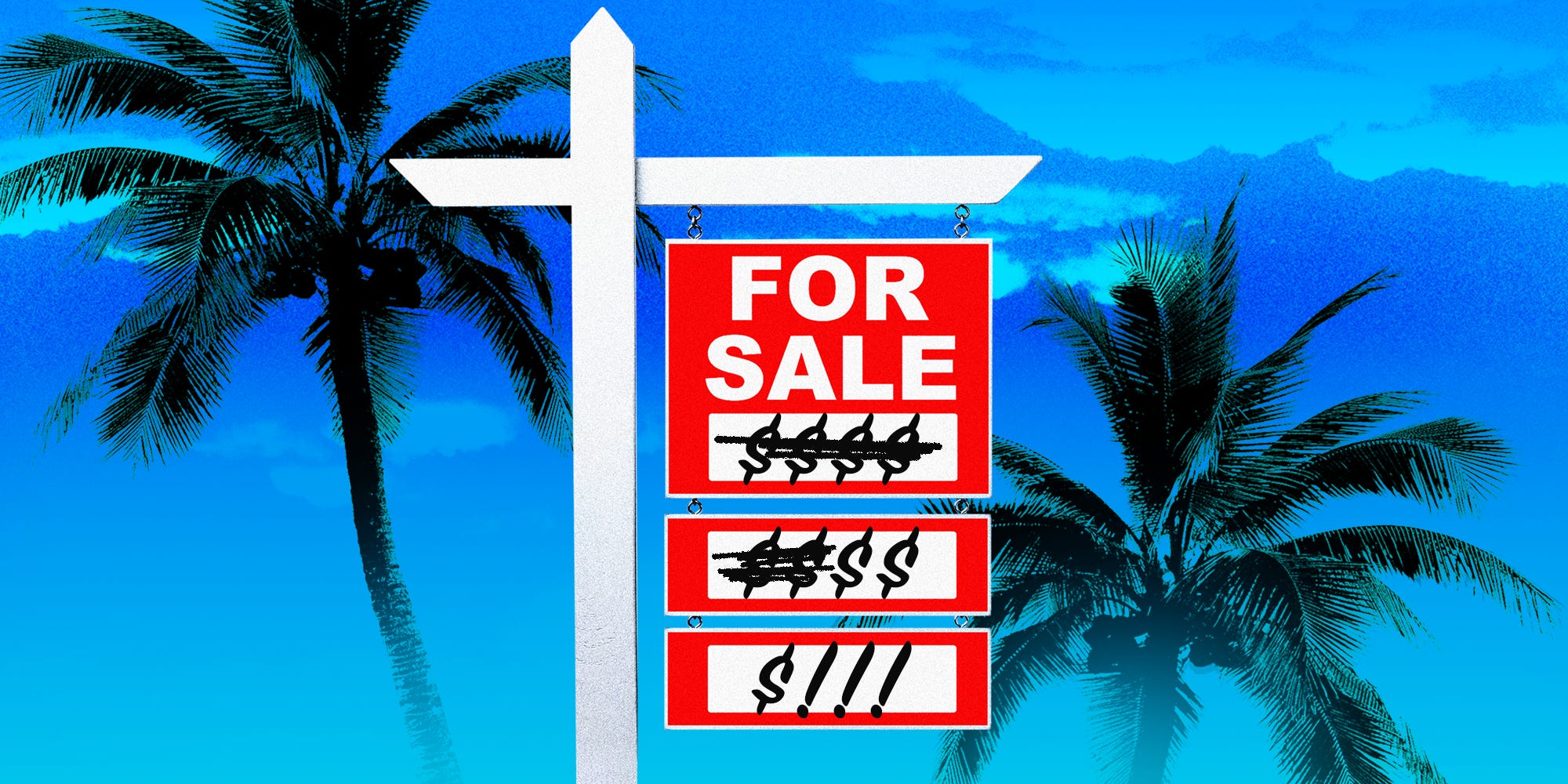 A for Sale sign with added signs with discounts in front of a topical setting