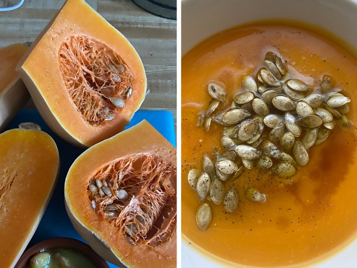 Composite of Quartered squash on a blue cutting board; Butternut-squash soup in a bowl with a squash-seed garnish
