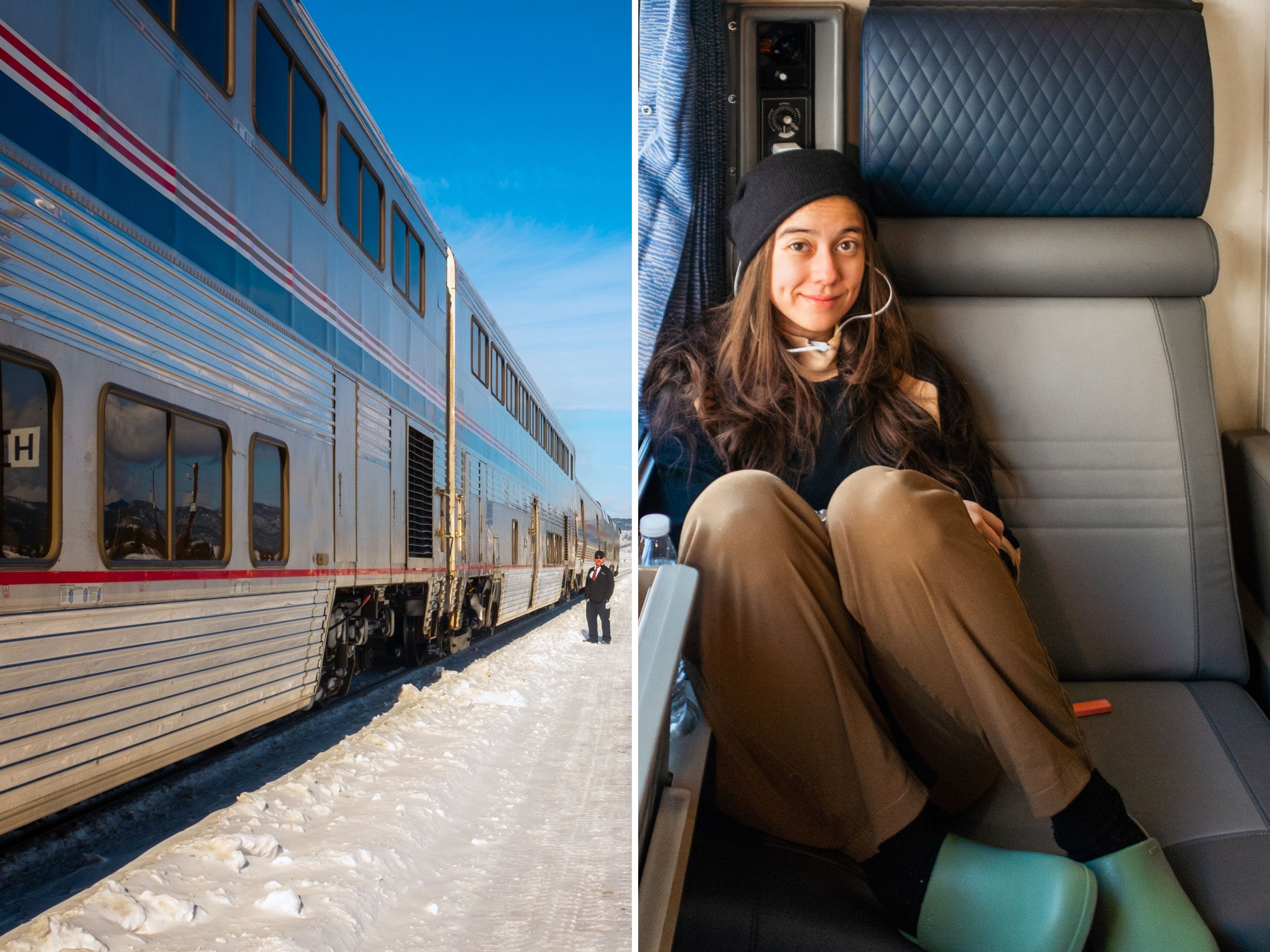 A composite image of a train stopped at a snowy outdoor platform, and the author sitting with her knees up in an Amtrak roomette