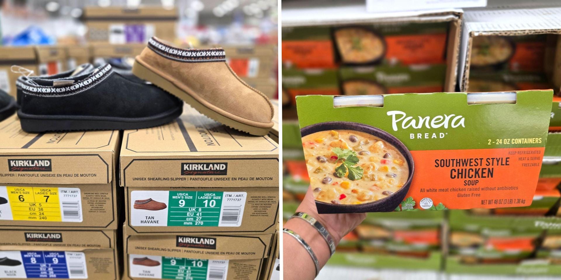 A composite image of slipper shoes in black and brown colorways on display at Costco, and a hand holding a box of Panera Bread Southwest-style chicken soup.